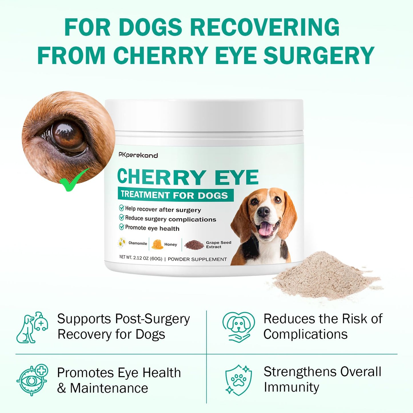 Cherry Eye Treatment for Dogs, Dog Eye Supplements for Recovery After Surgery, Reduces Redness and Swelling, Enhances Immunity, Improve Eye Health with Chamomile, Honey Powder, Grape Seed Extract