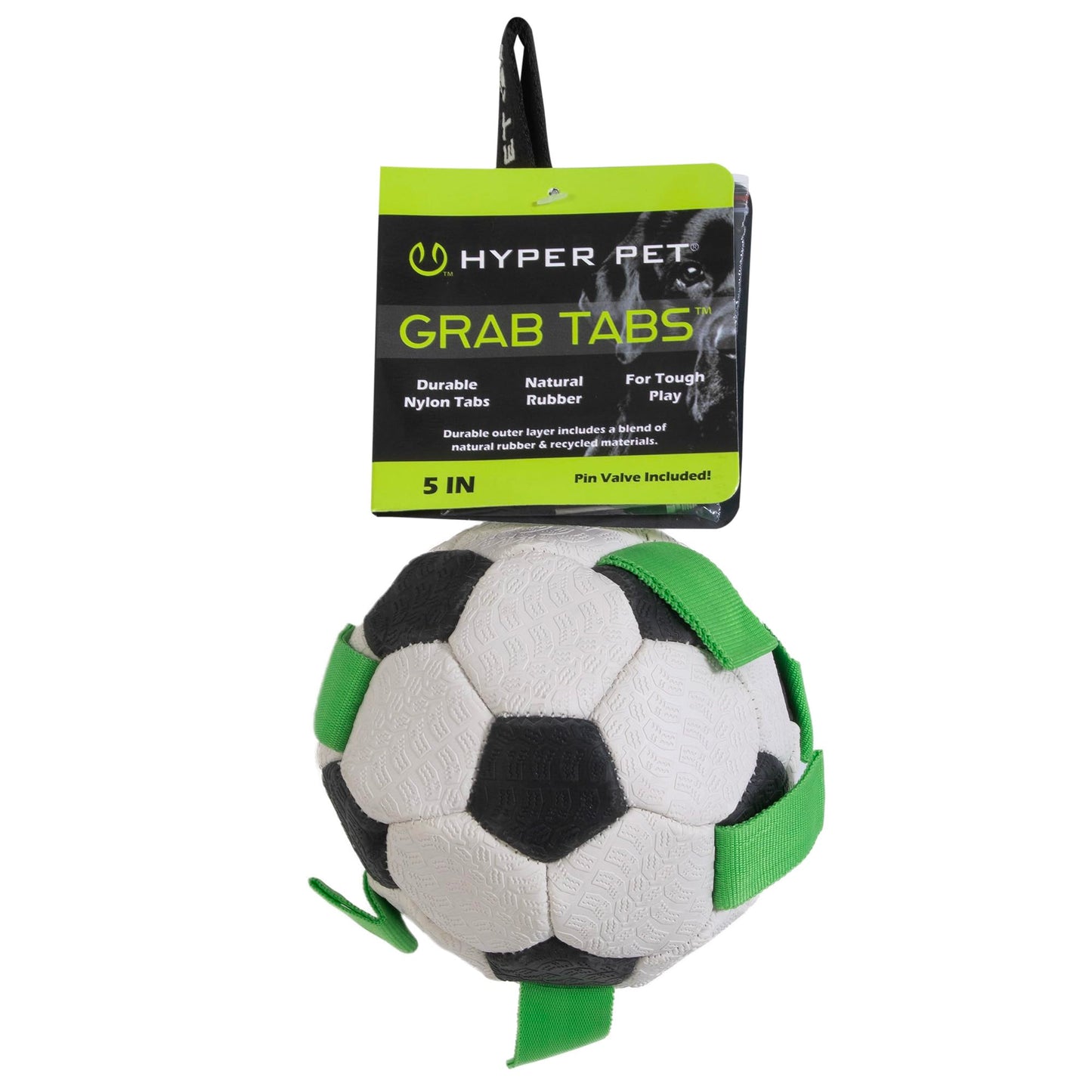 Hyper Pet The Original Grab Tabs Dog Soccer Ball with Straps (5")-Indoor or Outdoor, Interactive Durable Fetch Ball with Tug Toy for All Dog Breeds