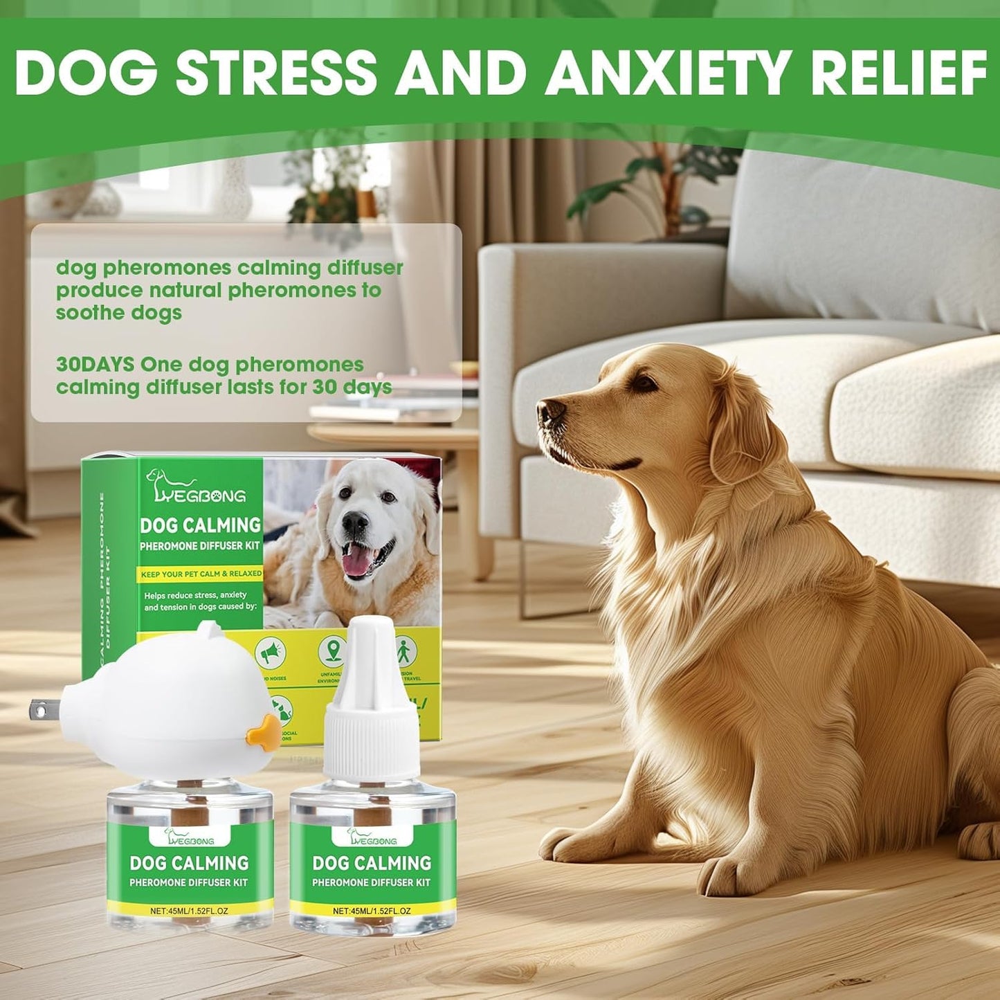 Nodfens Dog Calming Diffuser Pheromone Dog Peeing Diffuser, 1 Plug in+ 1 Pack 45ml Trial Pack Dog Anxiety Relief Up to 30 Days