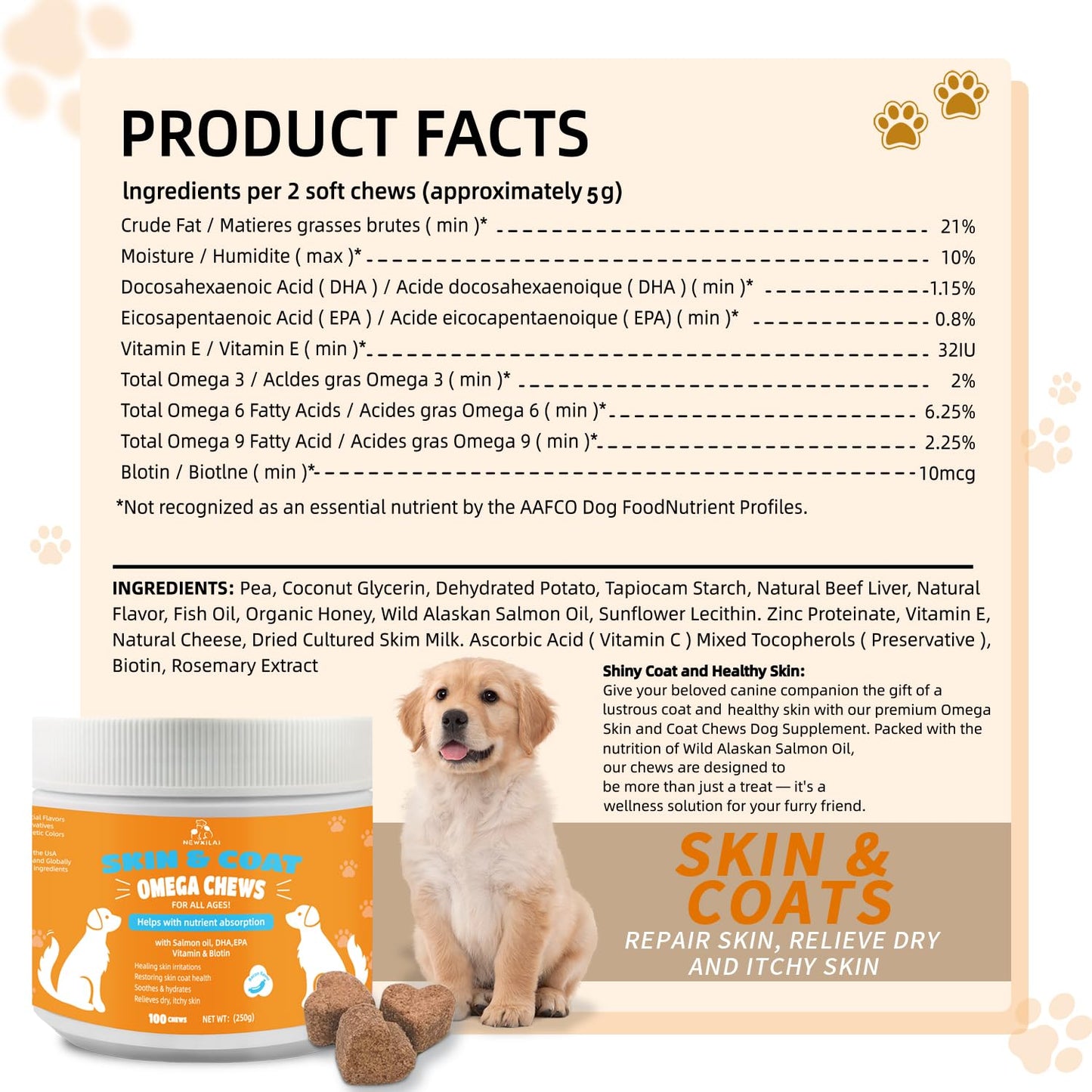 Skin and Coat Chews for Dogs - Itchy Skins Dog Supplement Support Hot Spots Comfort and Shedding Allergy Joint Health with Omega 3 Fish Oil, EPA & DHA Fatty Acids, Bacon Flavor 100 Count Softs Treats