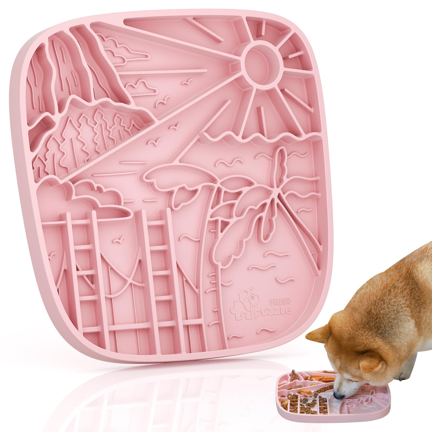 Puzzle Feeder Snuffle Mat and Lick Mat for Dogs, California Textured Slow Feeder, 0.75 Inch Thin Silicone Mat Holds 3 Cups, Dishwasher and Microwave Safe, Pink
