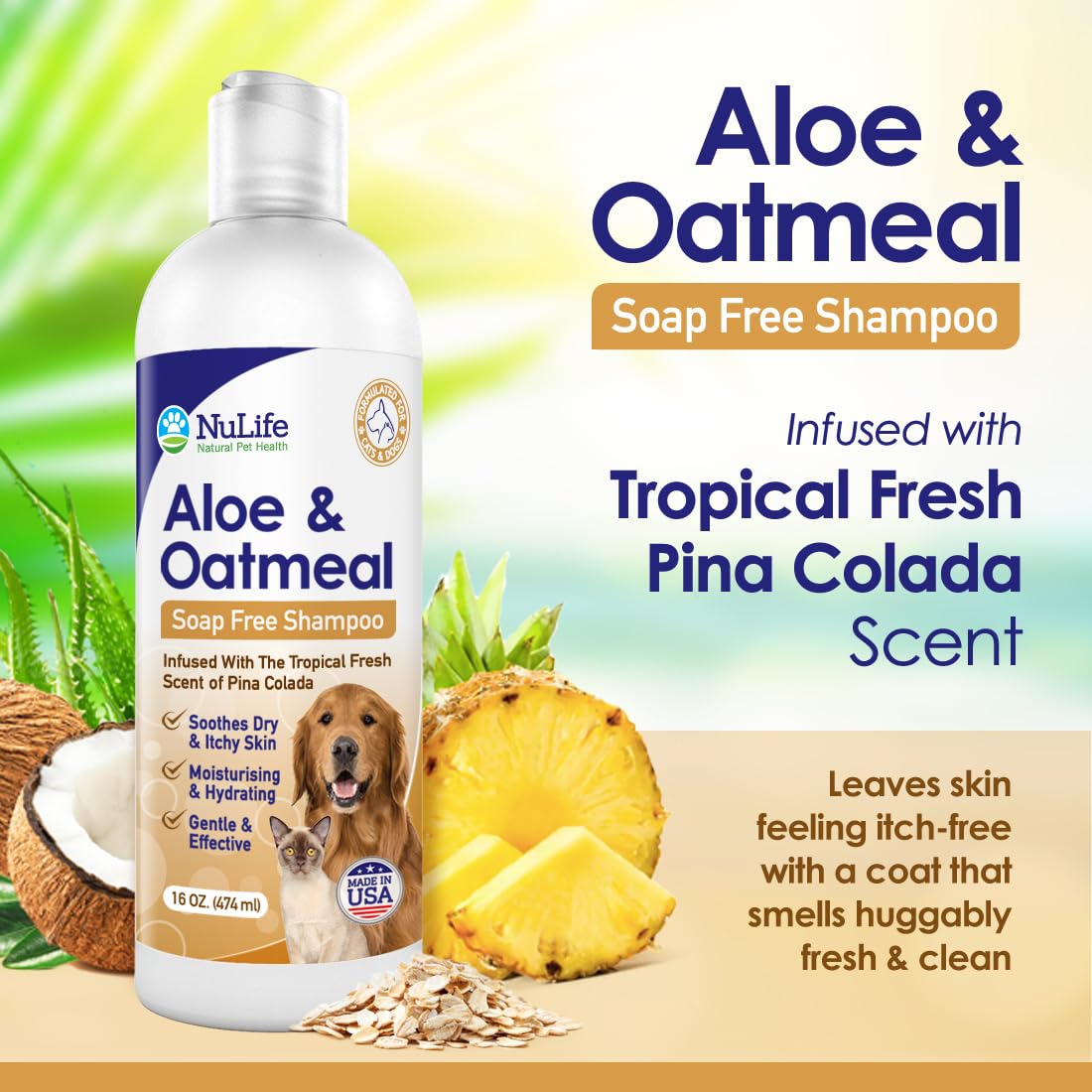 Oatmeal Dog Shampoo with Soothing Aloe Vera, Sensitive Skin Dog Shampoo for All Pets, with Tropical Fresh Pina Colada Scent, Hypoallergenic Formula Provides Relief from Allergies & Dry Itchy Skin