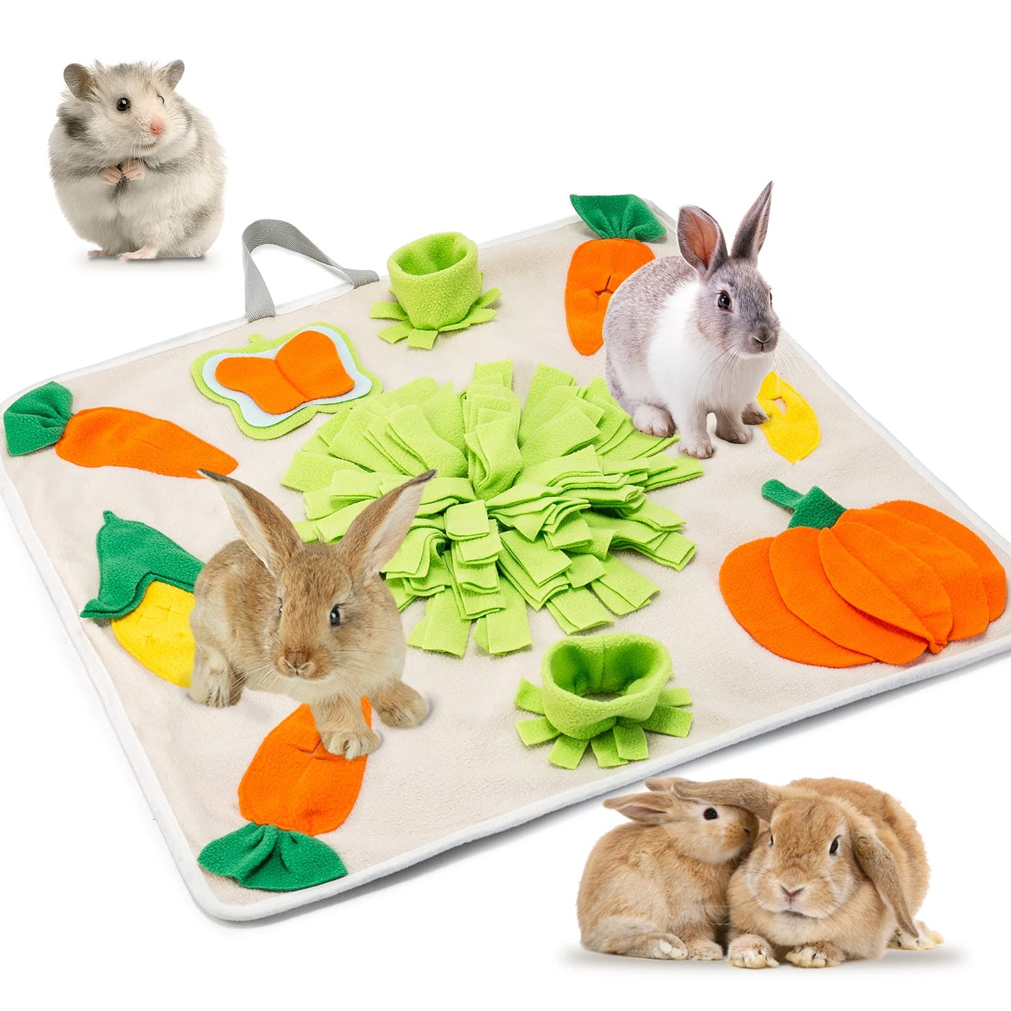 TWOPER 24''x24'' Rabbit Foraging Mat with Handle Pet Snuffle Mat Interactive Feed Game Treat Dispenser for Dogs Rabbits Bunny Guinea Pigs Ferrets Chinchillas, Beige
