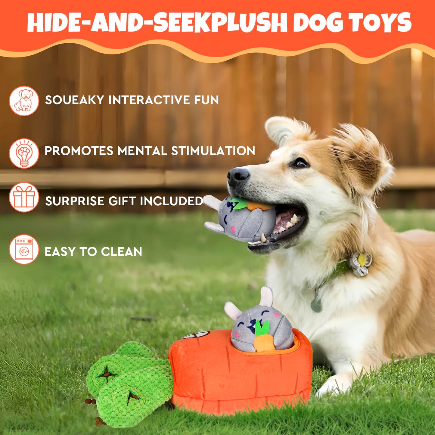 Hide and Seek Squeaky Dog Plush Toy Carrot and Bunny Set, 4 Pack Dog Puzzle Toys for Training and Cleaning, Interactive Tough Dog Toy for Small Medium Dogs