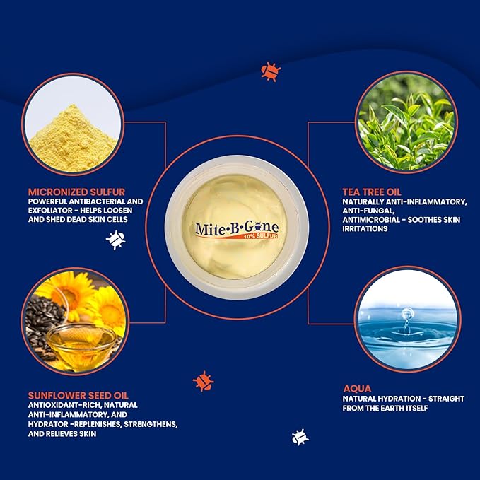 Mite Cream & Bite Relief - 10% Natural Blend Sulfur Cream for Multi-Purpose Bites, Redness, Itching, & Irritation | Safe for Kids and Adults | Fast & Effective for All Skin Types| 2oz