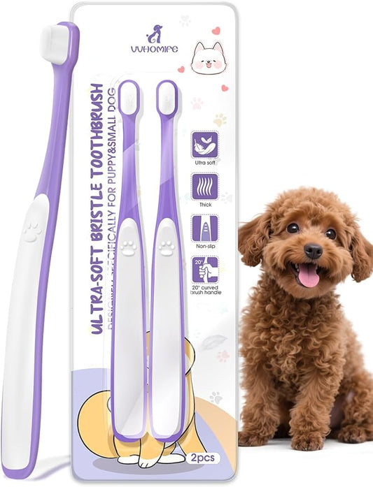 Tiny Dog Toothbrush for Small Dogs - 0.39" Mini Brush Head, Curved Handle, Soft Bristles, Dual Rubber Back, Gentle Puppy Tooth Brush Kit for Yorkie Chihuahua & Small Dog Teeth Cleaning