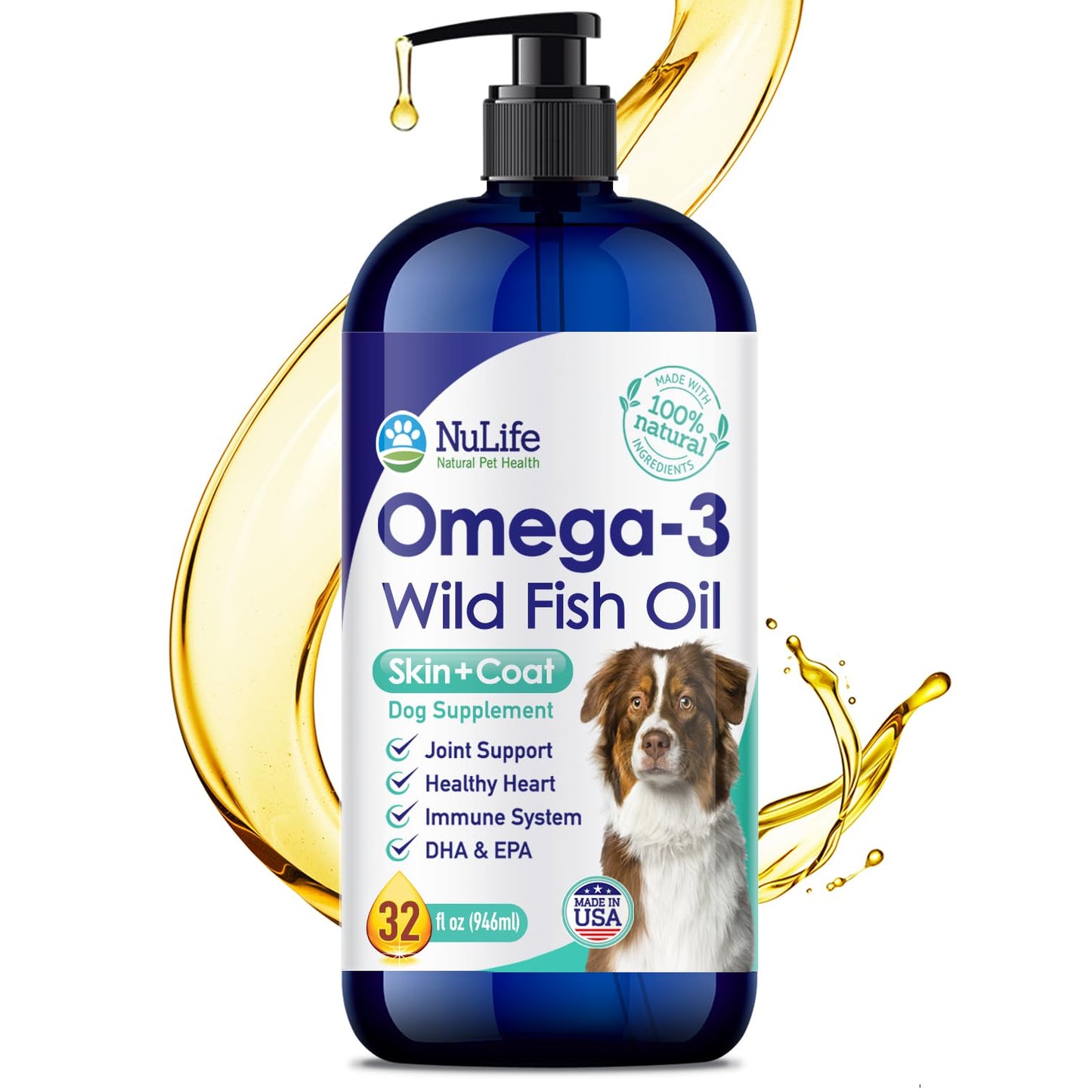 Liquid Fish Oil for Dogs with Omega 3, 6 & 9 Fatty Acids, Wild Caught from Iceland, Skin and Coat Supplement for Shedding, Itchy Skin, Allergies, Brain and Heart Health, Rich in EPA + DHA - 32 oz