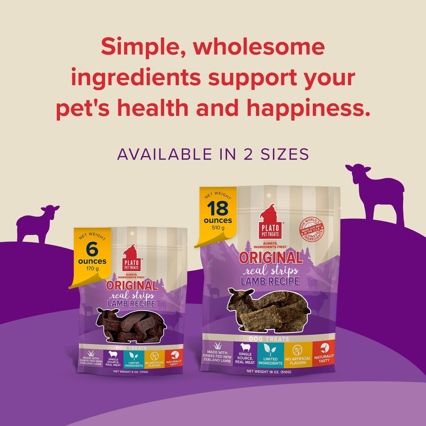 PLATO Pet Treats Real Strips - Air-Dried Meat Bars for Dogs - Delicious, Limited Ingredient Dog Treats - Grain Free - Original Real Strips Lamb 6oz