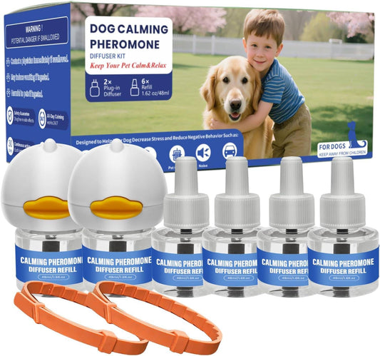 Dog Calming Pheromone Starter Kit – 2 Diffusers & 6 Refills + 2 Adjustable Calming Collars, Vet-Recommended for Separation Anxiety, Noise Fear & Stress Relief, Safe for Puppies & Adult Dogs