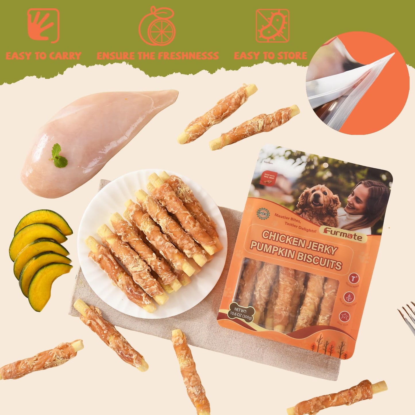 Furmate Chicken Jerky Wrapped Pumpkin Biscuits Treats for Dogs,Low Fat Rawhide Free Healthy Chewy Dog Training Treats,High Fiber Pumpkin Biscuits Dog Snacks for Small Medium Large Dogs 10.58 oz