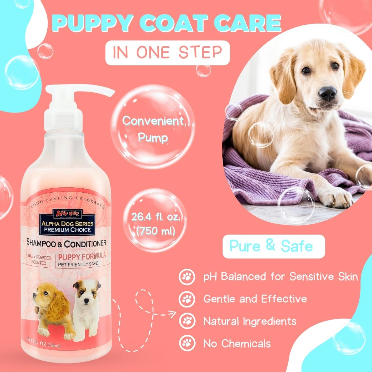 Alpha Dog Series Natural Puppy Shampoo and Conditioner Tear Free with Aloe Vera, pH-Balanced Shampoo for Puppies, Tearless Dog Shampoo and Conditioner, Puppy Wash Sensitive Skin 26.4 Oz (Pack of 2)