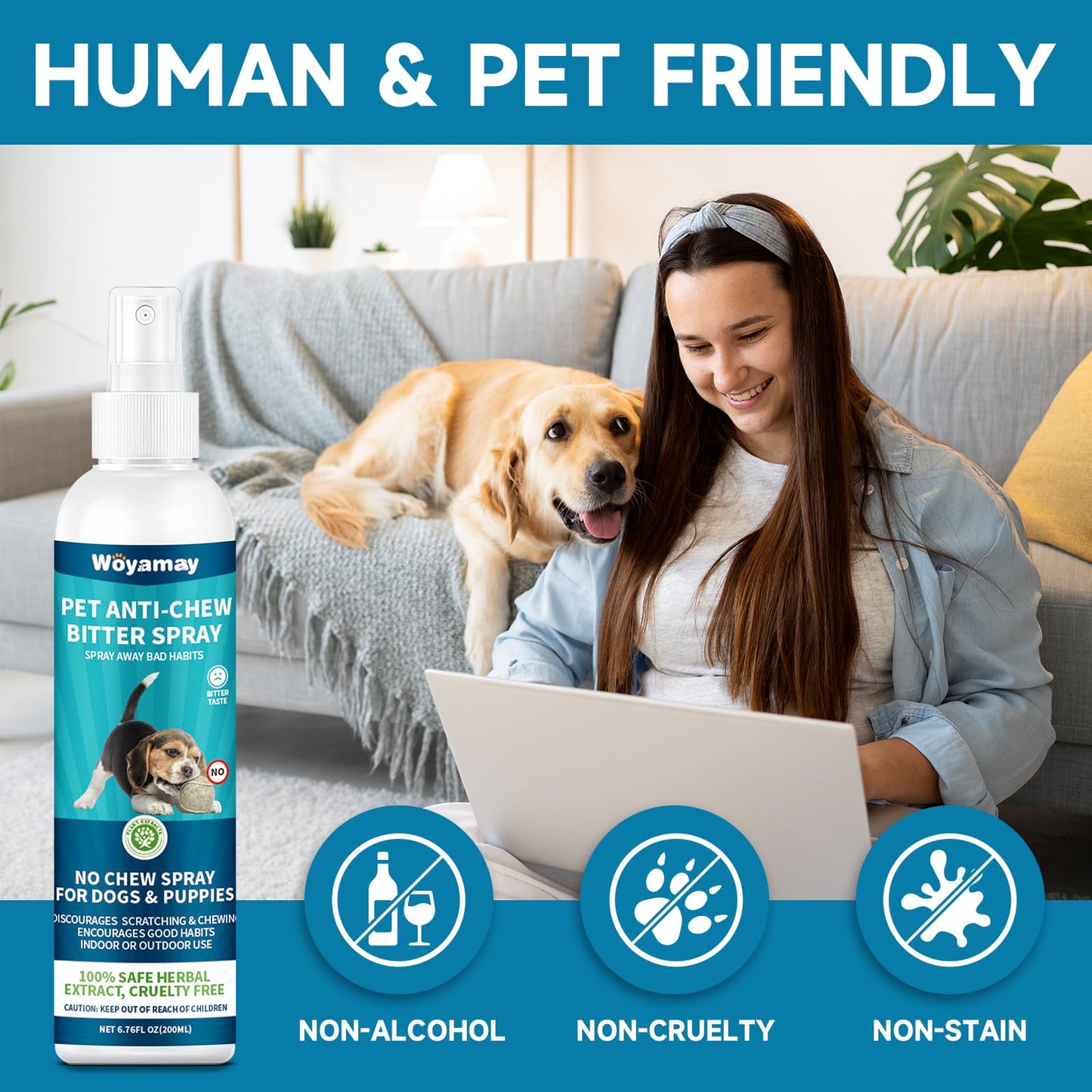 Woyamay No Chew Spray for Dogs 200ML + Dog Calming Diffuser with 2 Diffuser + 4 Refill 48ml - Bitter Apple Spray to Stop Chewing Licking of Furniture, 6-in-1 Dog Pheromone Diffuser Kit to Calm 120Days