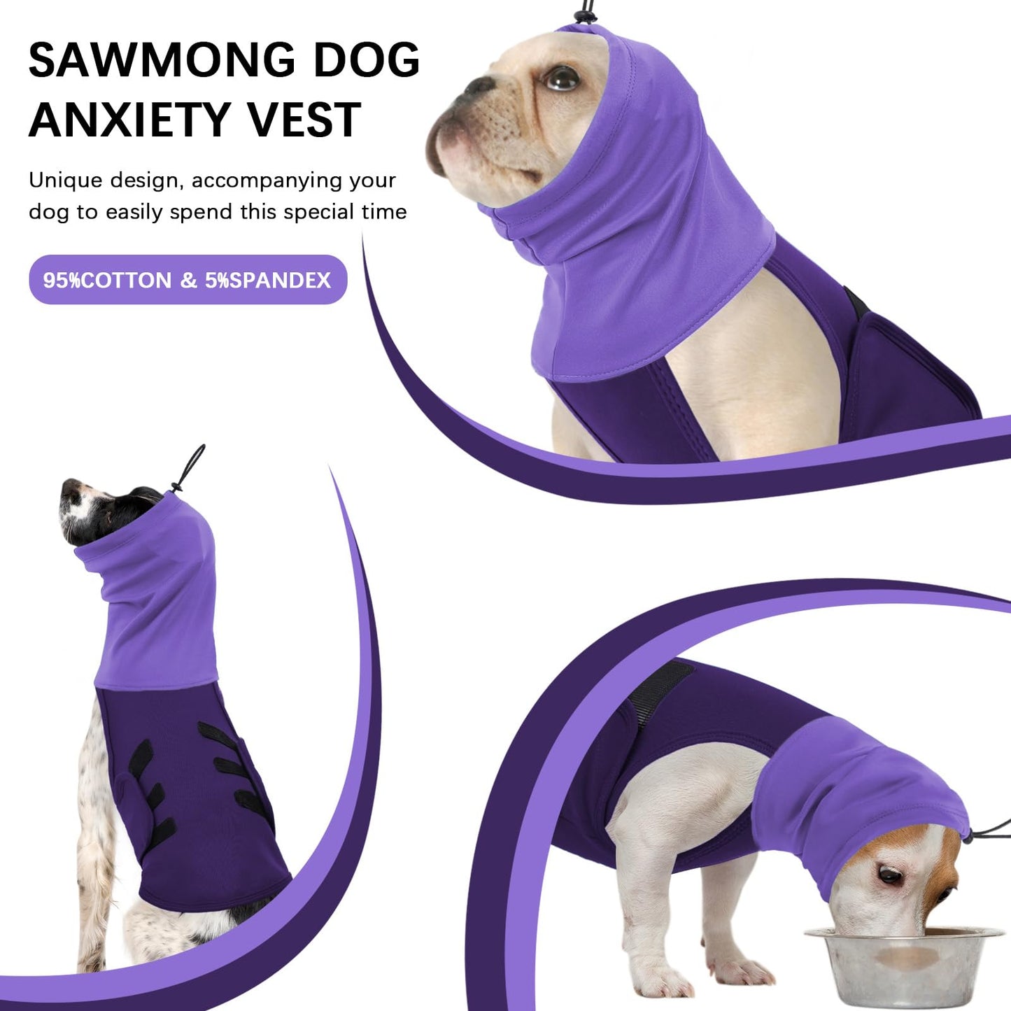 SAWMONG Dog Anxiety Vest, Breathable Calming Shirt Adjustable Chest & Hood for Dogs, Soft Pet Stress Relief Calming Coat Wraps Ears for Noise, Thunderstorms, Fireworks and Separation(Purple, X-Large)