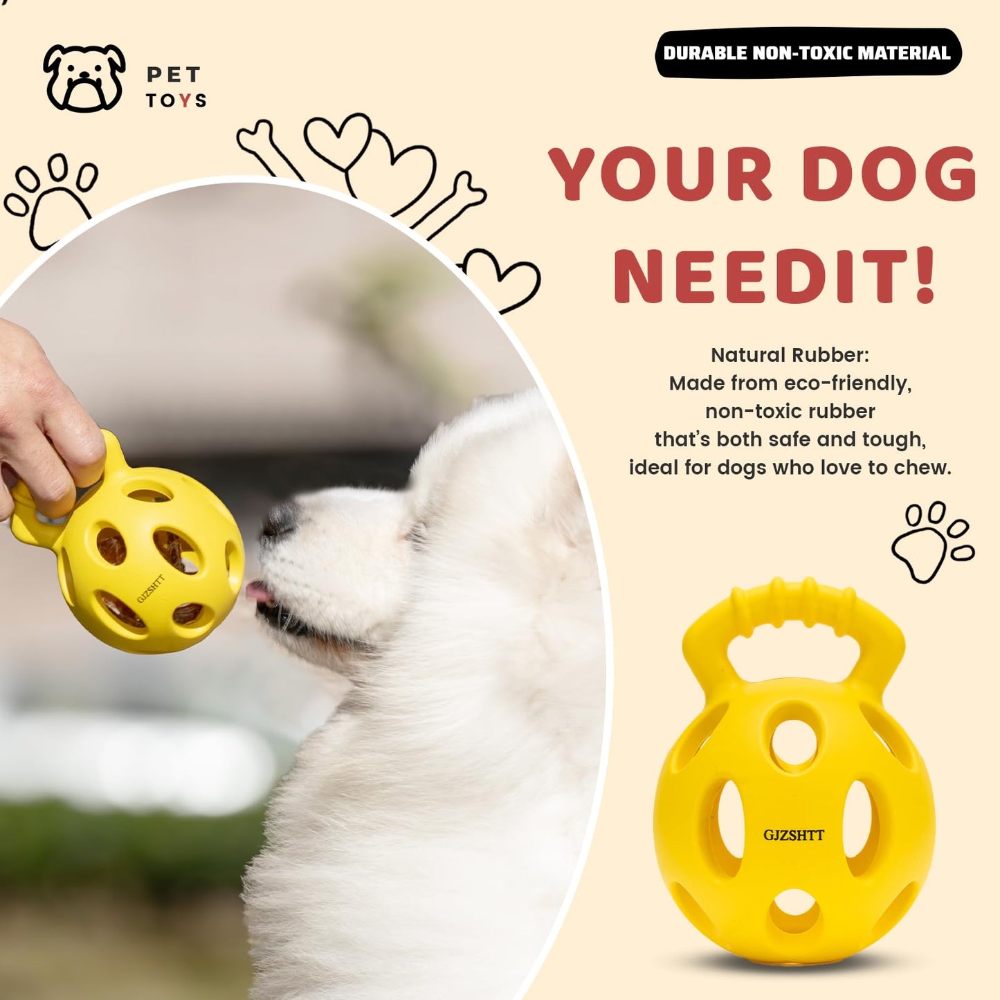 GJZSHTT Durable Dog Chew Ball Toys - Interactive Tug-n-Toss Rubber Ball with Handle for Tug of War and Fetch, Kettlebell-Inspired Design, Ideal for Small, Medium, and Large Dogs, 3.94"x5.2" (2-Pack)