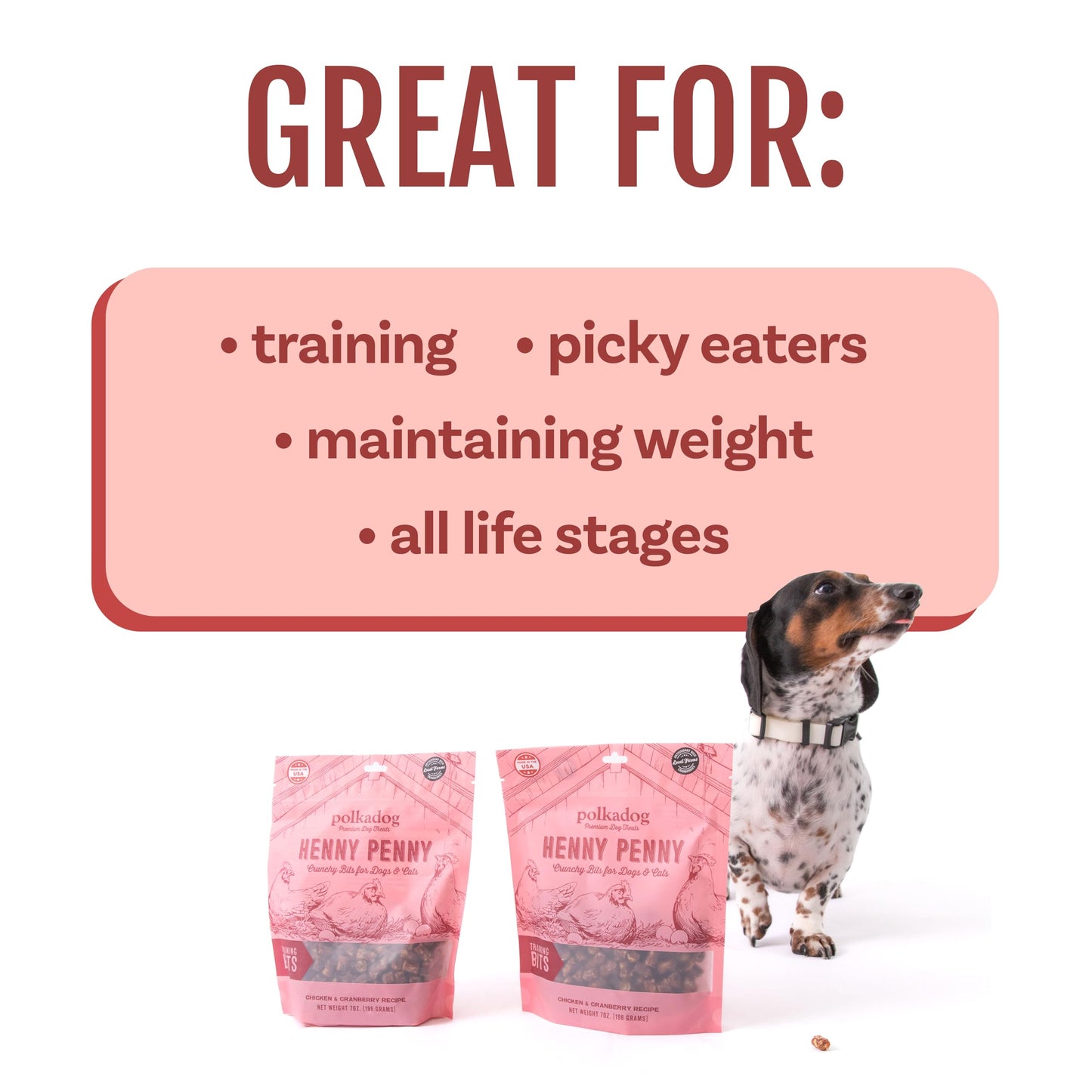 Polkadog Henny Penny Crunchy Training Bits – Chicken & Cranberry All Natural, Limited Ingredient Healthy Training Treats for Dogs. Handcrafted & Made in USA. Antioxidant-Rich, for All Breeds – 7oz
