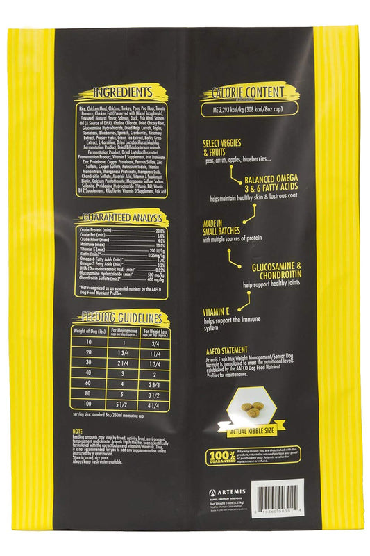 ARTEMIS Fresh Mix Dry Dog Food – Perfect Weight Management Formula Senior Premium Meat Recipe Health Nutrition Omega 3 6 Protein 28lb Bag