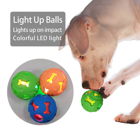 Leejec Dog Toys, 2.5" Interactive Light up Balls, Chew Toys for Medium and Small Breed, Rubber Durable Fetch Training Balls, Pet Birthday Gift, 3-Pack