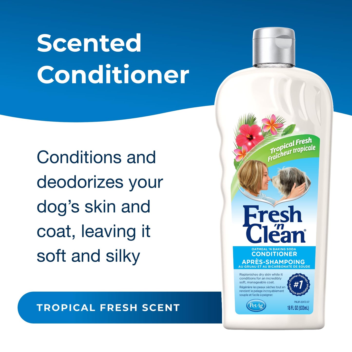 PetAg Fresh ’n Clean Oatmeal ’n Baking Soda Conditioner, Tropical Fresh Scent - 18 oz - Gently Cleans, Soothes & Deodorizes Dogs with Vitamin E & Aloe Vera - Soap Free
