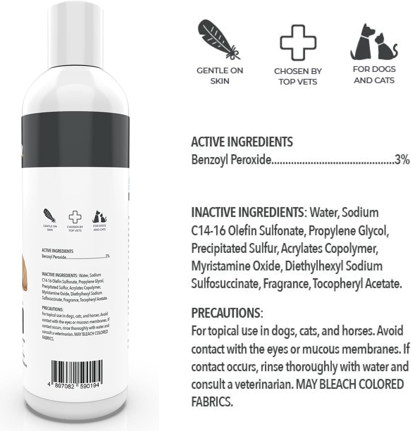 Smiling Paws Pets - Itch Relief Shampoo & Brush for Pets - Contains Benzoyl Peroxide - Kills Fleas - Relieves Allergies, Itching, Dermatitis, Mange, Dandruff, Acne, Demodex, Seborrhea, Pyoderma - 12oz