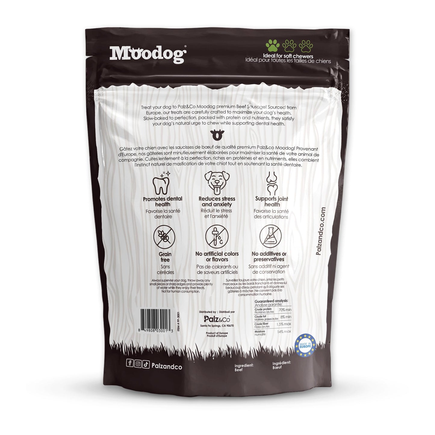 Moodog Beef Sausage Dog Treats - 20 Pack of Soft, All-Natural Grain-Free Chews for Dogs - Supports Dental Health, Joint Care & Stress Relief - No Artificial Additives