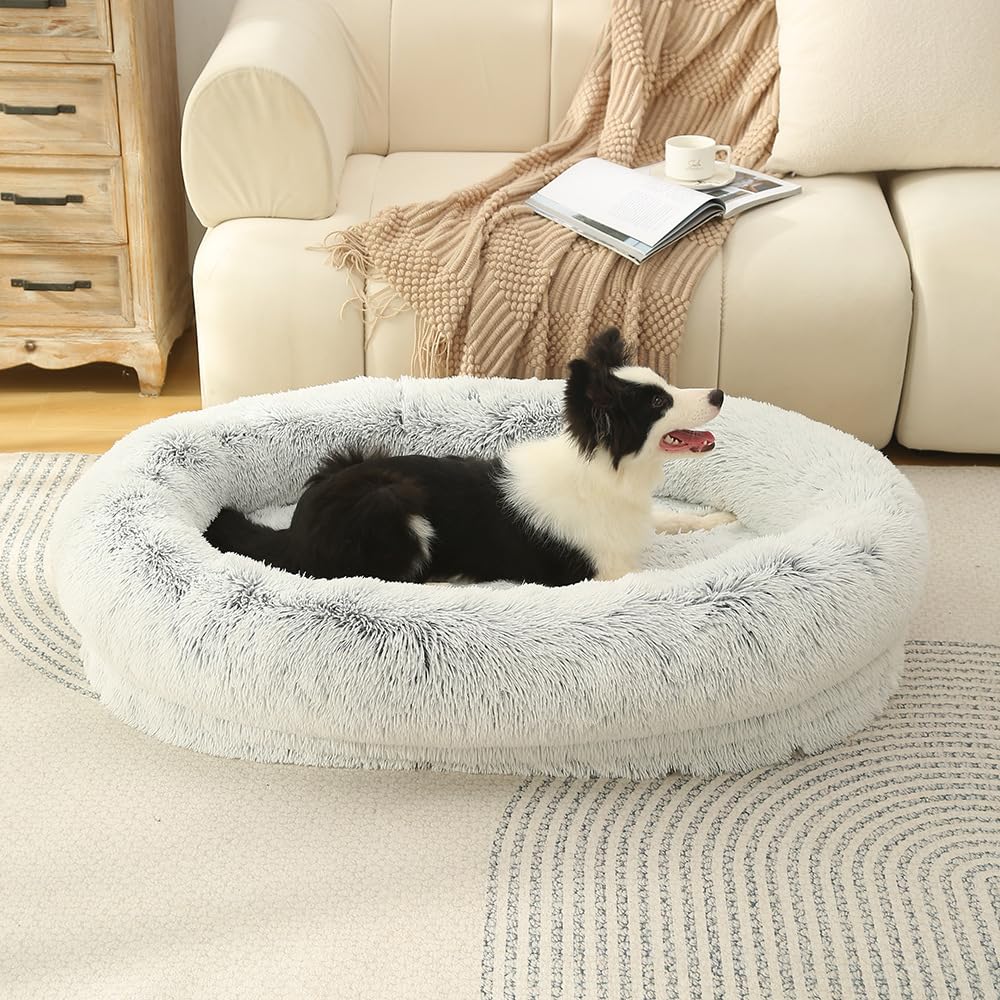 Glow Pups Calming Dog Bed, Egg Crate Dog Bed with Memory Foam Bolster, Luxurious Faux Fur Cozy Oval Design, Machine Washable Removable Cover, Non-Slip Base, Light Grey (23.6" x 19.6" x 7")