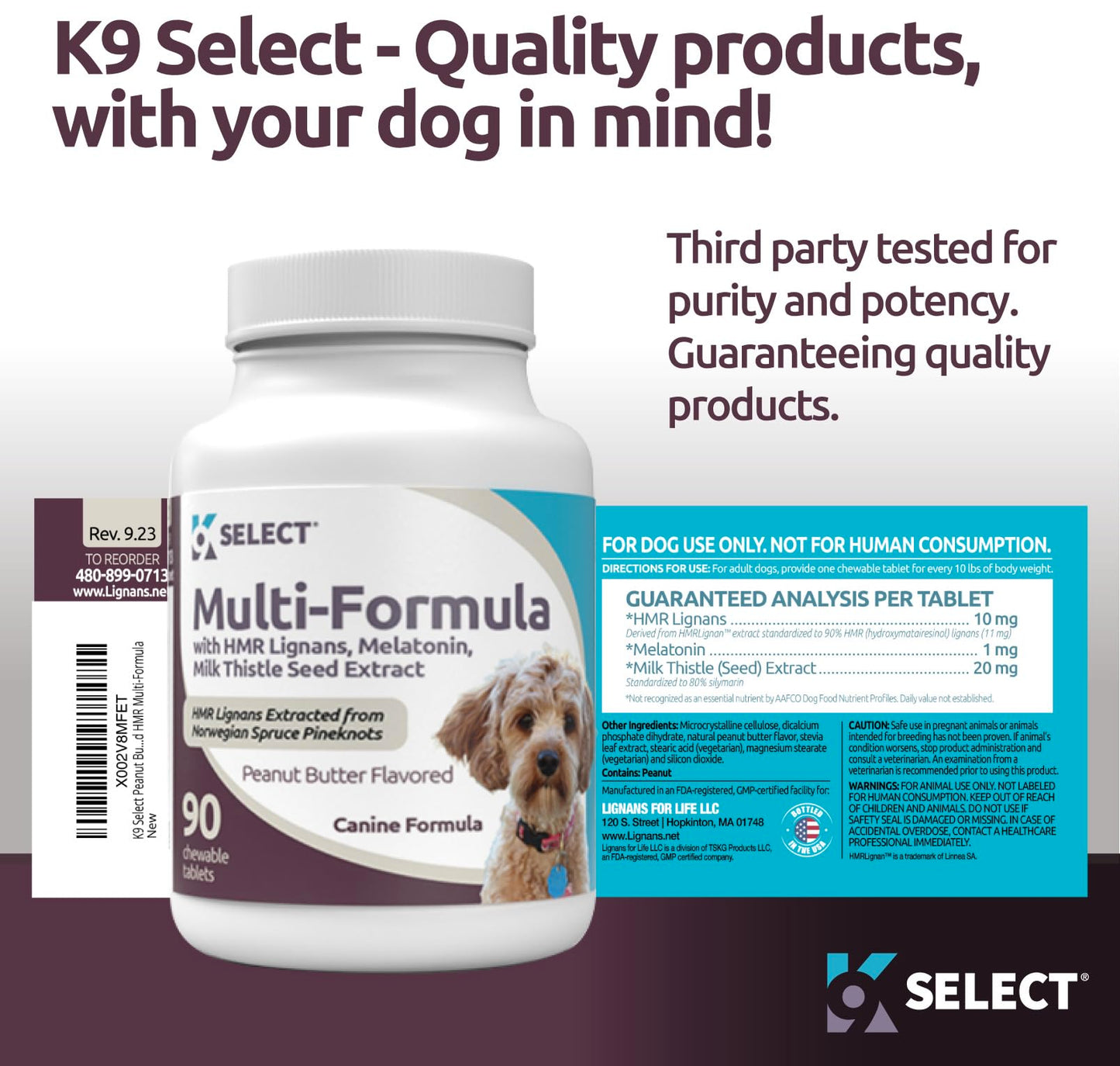 K9 Select Bundle: 90 Tabs of Multi-Formula Supplement (10mg HMR Lignans,1mg Melatonin,20mg Milk Thistle) & 120 Tabs of 3mg Melatonin Support - Peanut Butter Flavored Chewables - Small & Medium Dogs