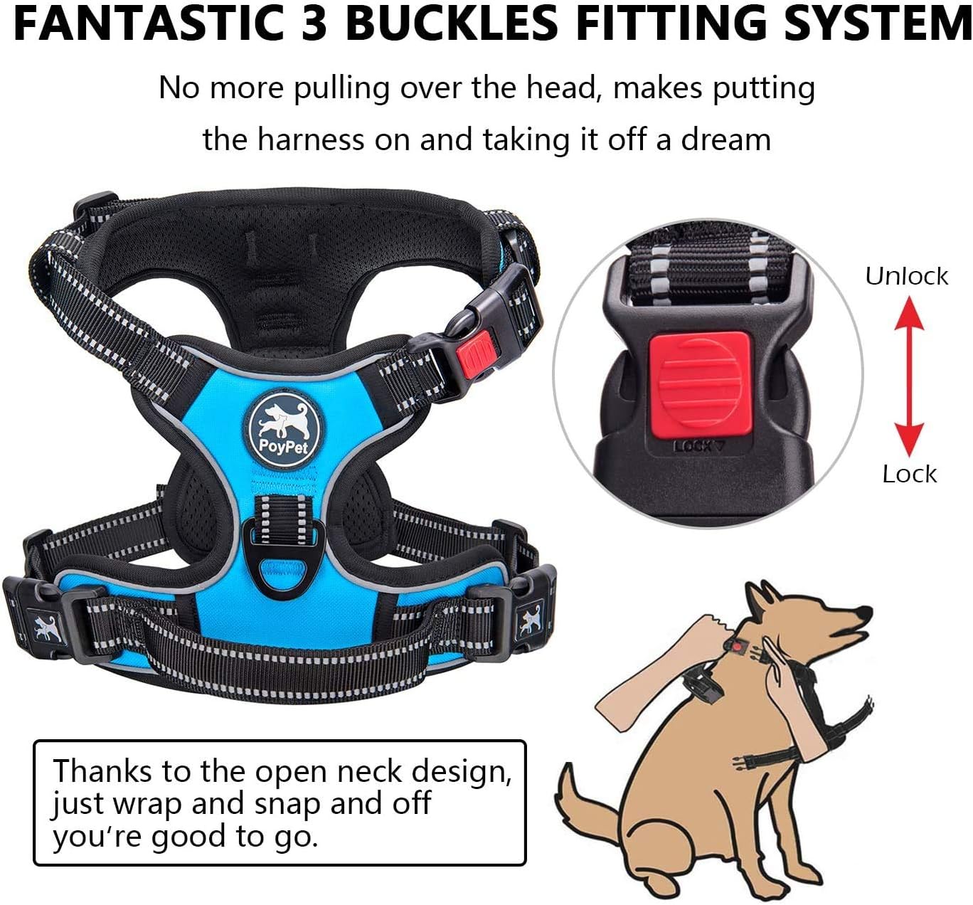 PoyPet Dog Harness and Leash Combo, Escape Proof No Pull Vest Harness, with 5 Feet Leash, Reflective Adjustable Soft Padded Pet Harness with Handle for Small to Large Dogs(Blue,M)