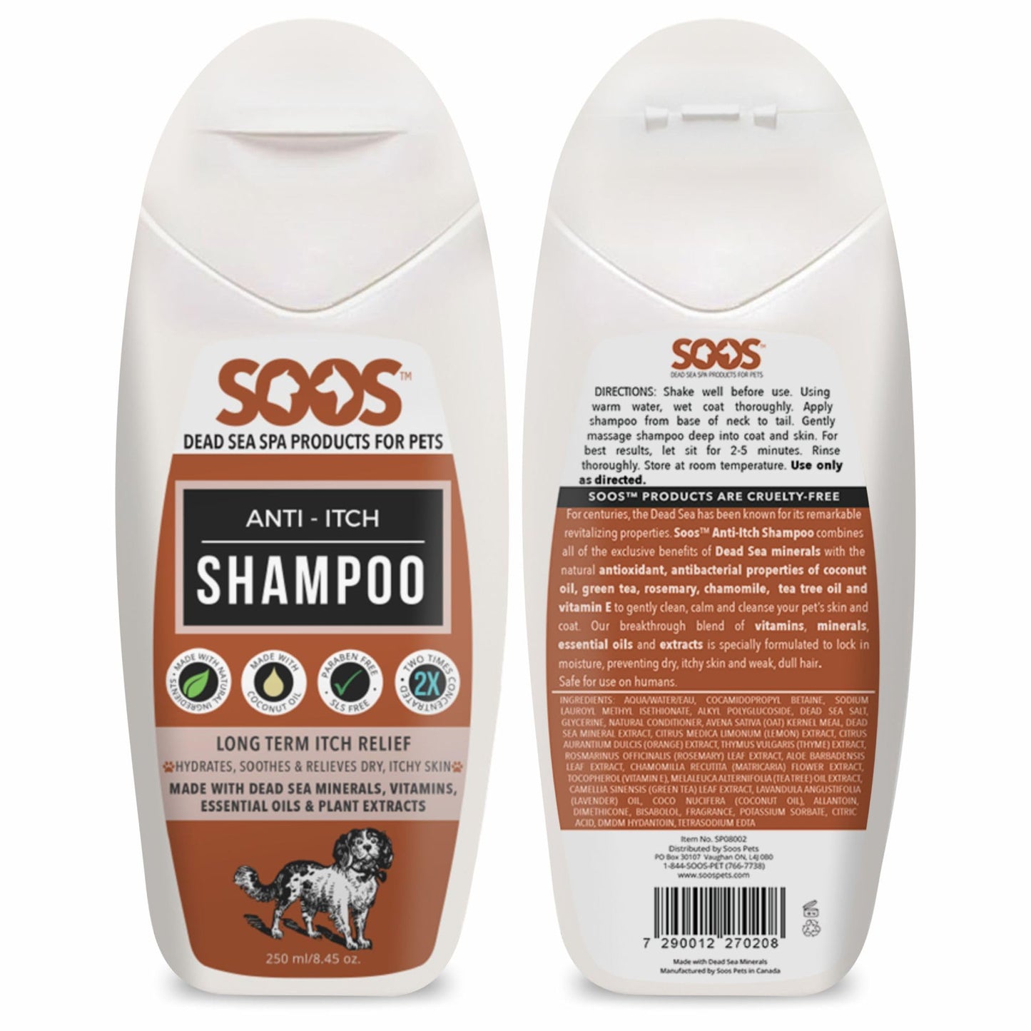 Soos Pet Shampoo Anti-Itch Cat and Dog Shampoo Dead Sea Minerals Fast Absorbing Soothes Itching Clean Fur with Vitamins Essential Oils Natural Ingredients - 1x Bottle (250ml)