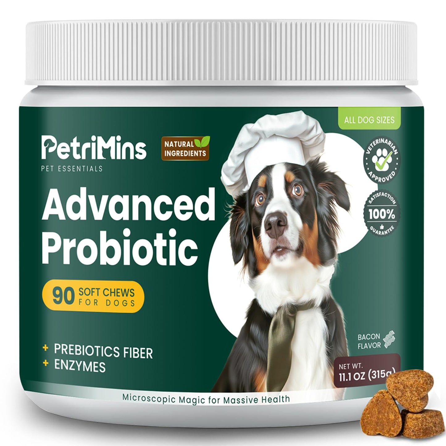 PetriMins Advanced Probiotic for Dogs, Supports Digestive Health, Immune Health, Gut Health, Improves Nutrient Absorption - Six Strains of Probiotics - Inulin - Enzyme Blend, 90-Count, Bacon