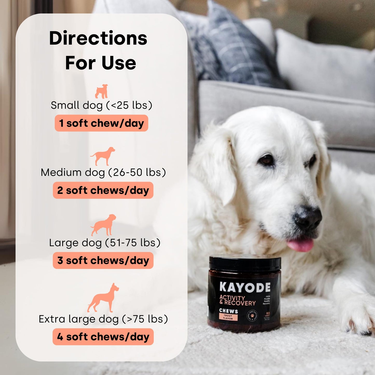 Joint & Recovery | 2-in-1 Joint & Muscle Chews. Help Reduce Pain & Increase Daily Activity. Helps with Arthritis and Pain Prevention. Tasty Trout Flavor.