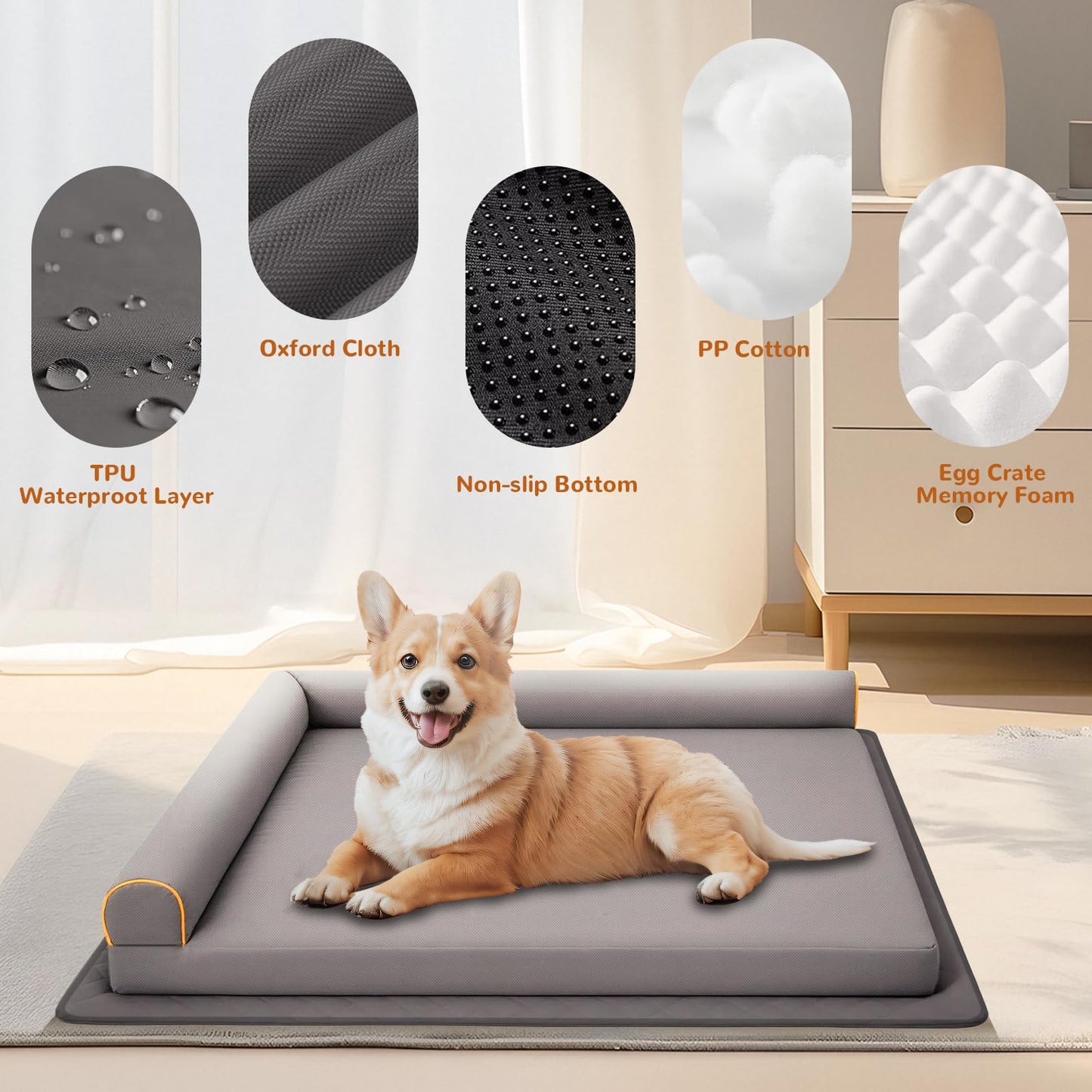 XL Dog Bed Orthopedic Memory Foam Pet Bed Waterproof with Anti-Slip Mat Washable Big Dog Couch Indestructible (Grey)