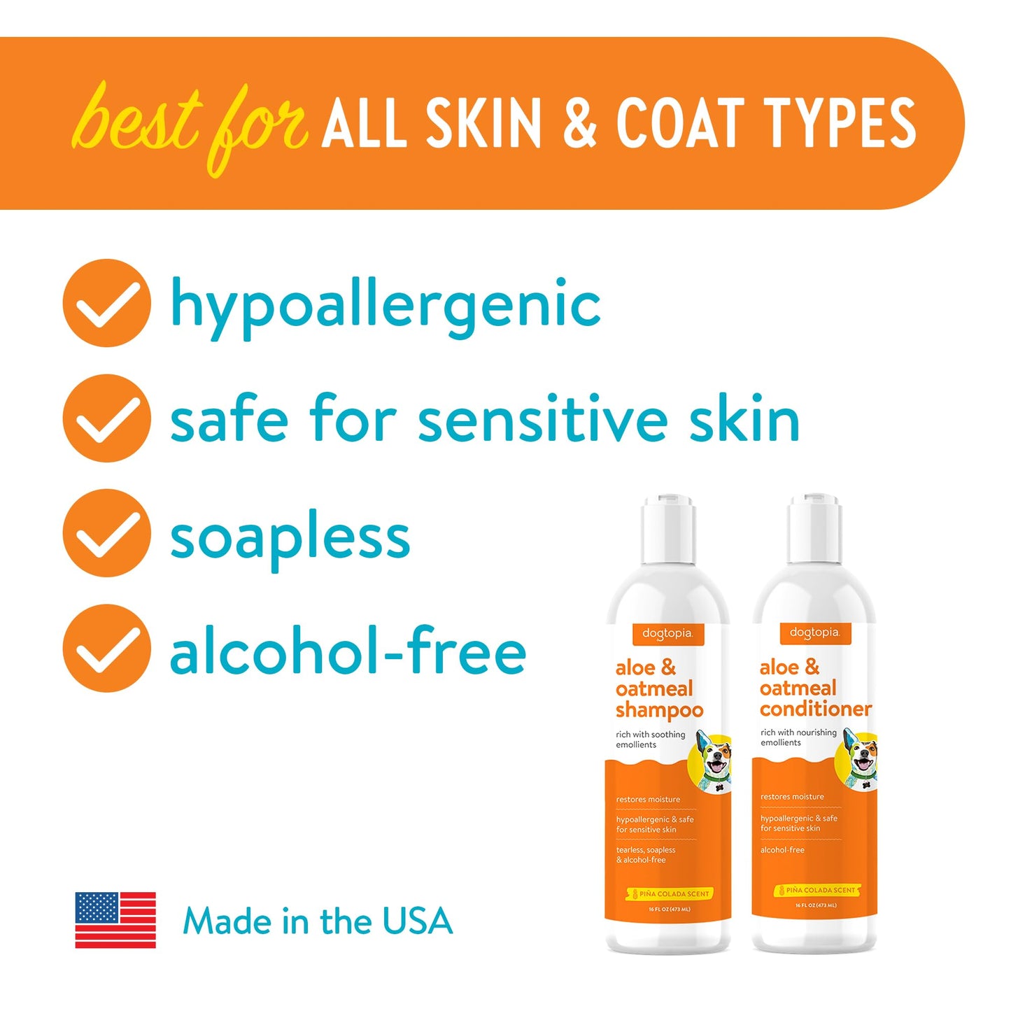 Aloe & Oatmeal Dog Shampoo and Conditioner Combo - Skin Safe Hydration, Emollient Rich, Moisturizing (Shampoo & Conditioner Set) - 2X 16oz Bottles w/Pina Colada Scent