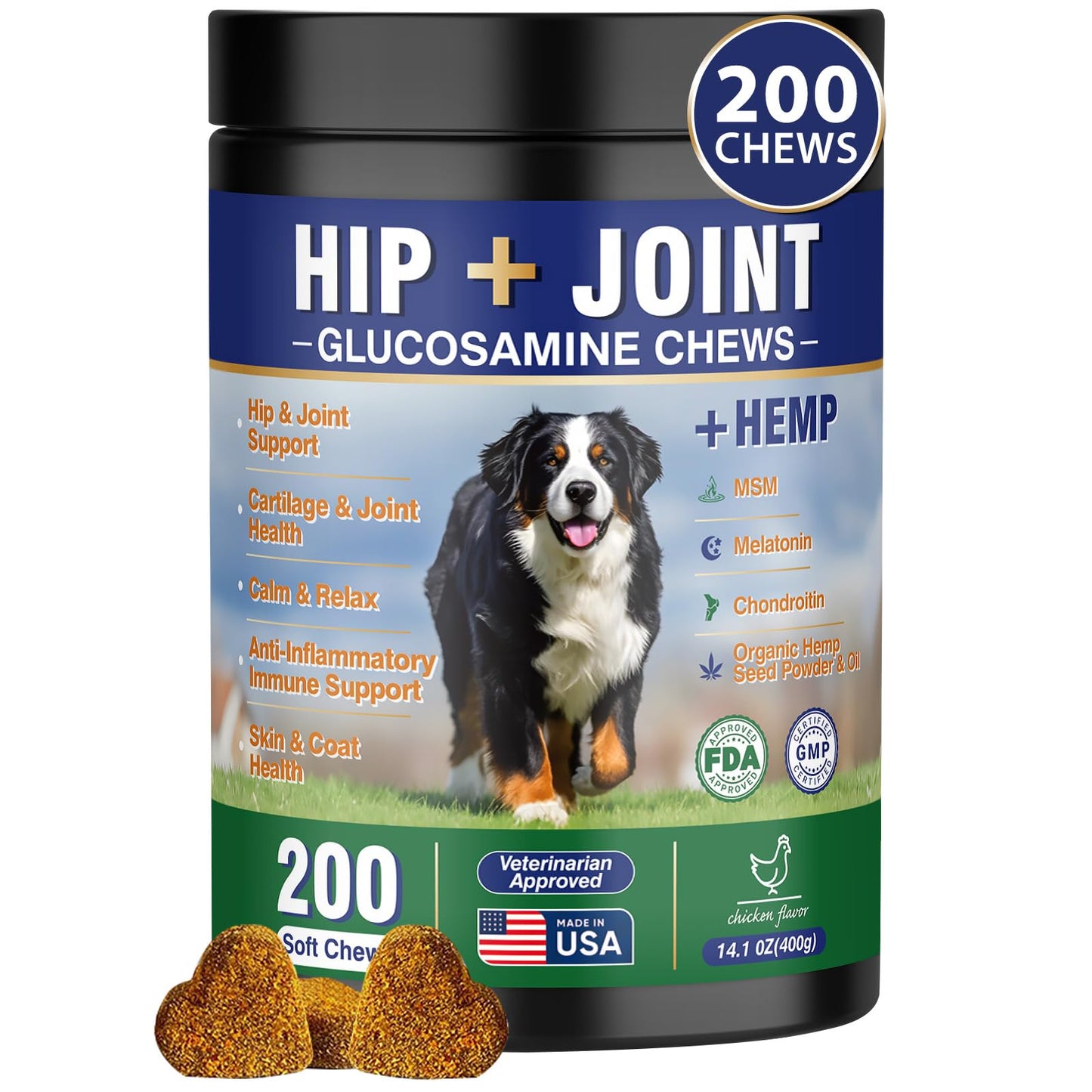 Hip and Joint Supplement for Dogs 200 Hemp Dog Calming Chews with Glucosamine, Chondroitin, Msm, Omega 3, Melatonin for Senior Dogs Anxiety, Dog Pain Relief Anti Inflammatory Small/Medium/Large Breed