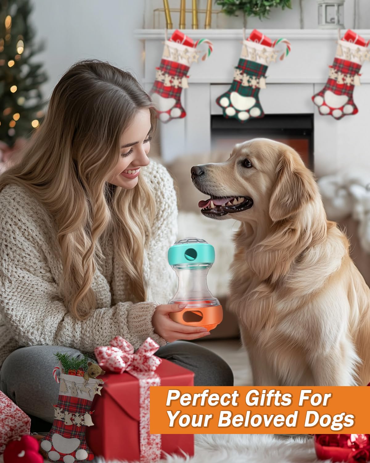 Wofypetny Dog Interactive Toys for Treat Dispensing, Dog Puzzle Feeder Food Dispenser 2 Adjustable Holes with LED Light & Squeaky, Puppy Treat Ball Slow Feeding for Large/Medium/Small Breeds Pet Gift