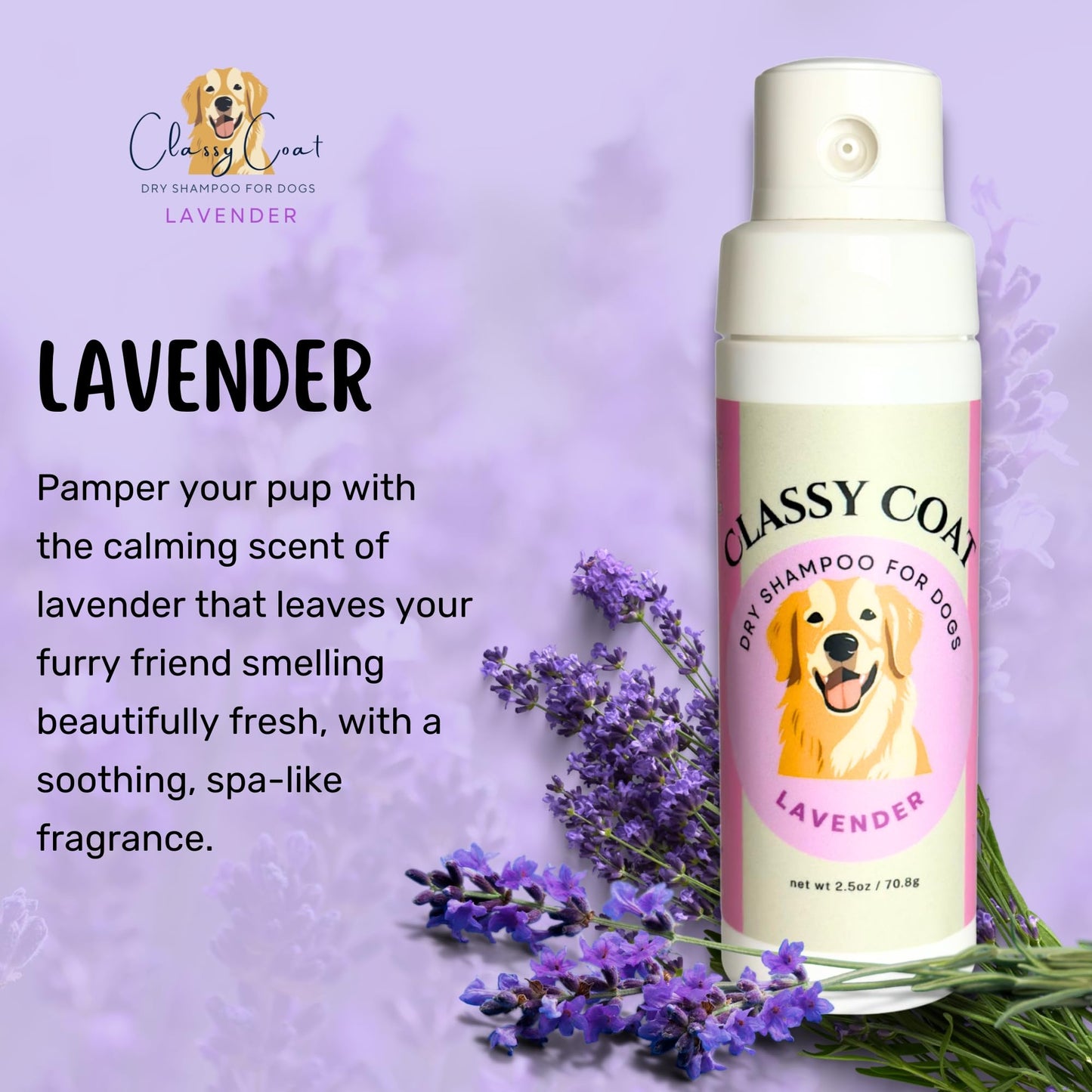Classy Coat Dry Shampoo for Dogs (Lavender) | Waterless No-Rinse Spray Powder | Calming Lavender Scent | Soothing | Talc and Alcohol Free | Safe for Sensitive Skin | Made in USA