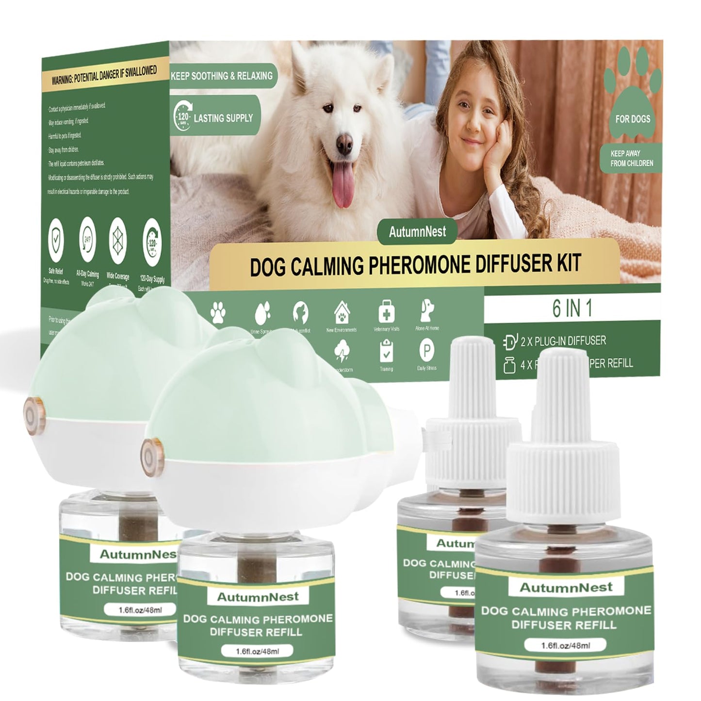 Dog Calming Diffuser with Light & 4 Refills (48ml Each) + 3PCS Orange Woven Chew Toys – 120-Day Plug-in Kit and Pet Play Set for Dogs, Cats, and Small Animals