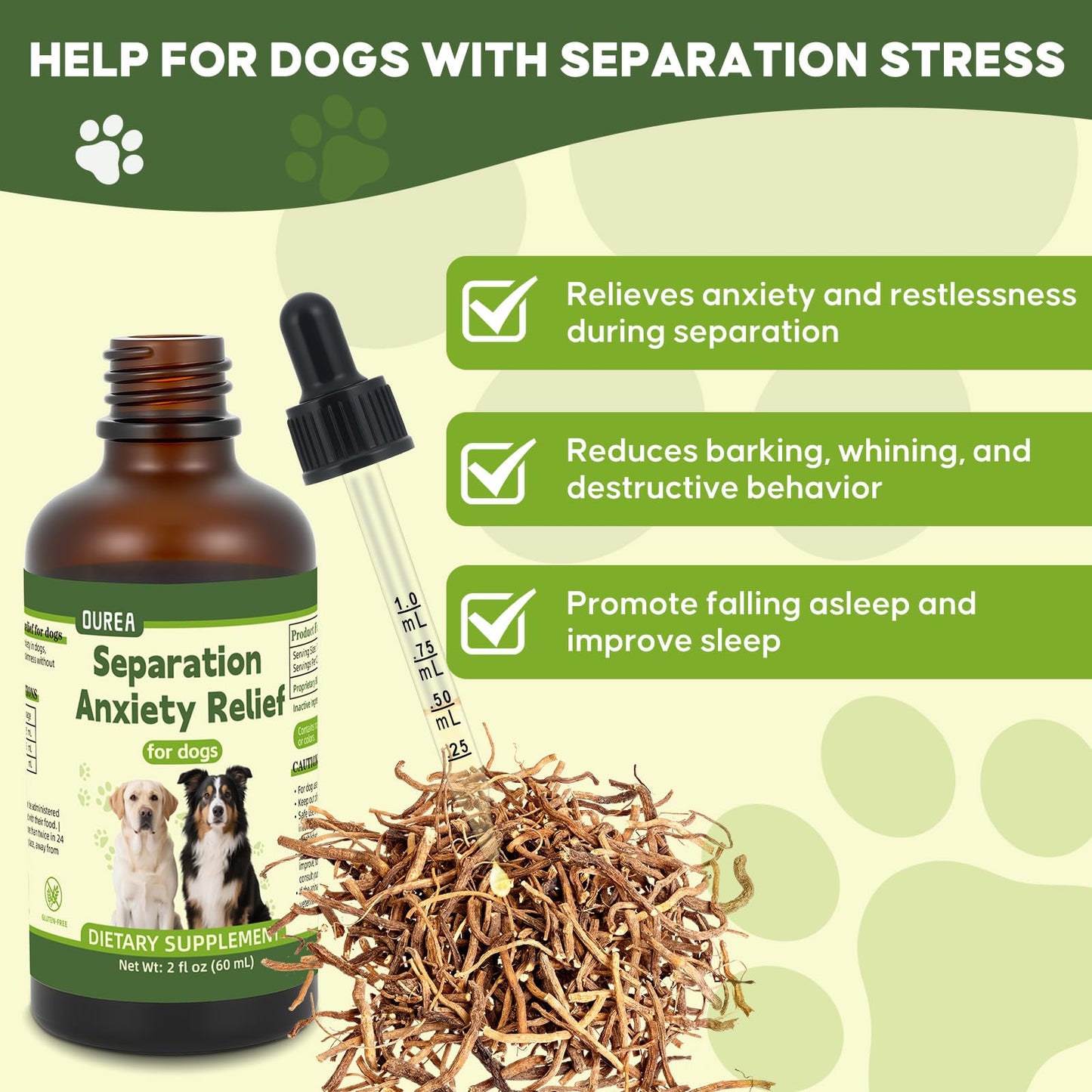 Separation Anxiety Relief for Dogs, Calming Care for Dogs, Helps Relieve Anxiety During Separation, Valerian Root for Anxiety Drops, Easy to Use (2 fl oz)