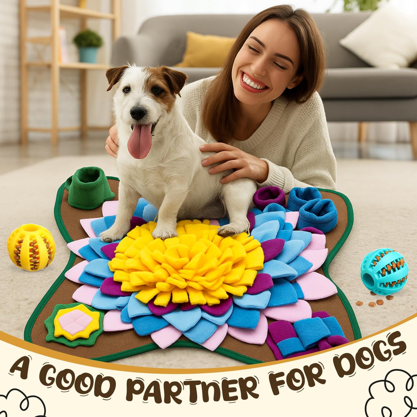 Arrowbash Snuffle Mat for Dogs Cats 18.8 x 18.8 Inch Interactive Sniff Feeding Mat with 2 Pack Toy Balls for Small & Medium Puppies, Encourages Natural Foraging Skills, Training and Stress Release