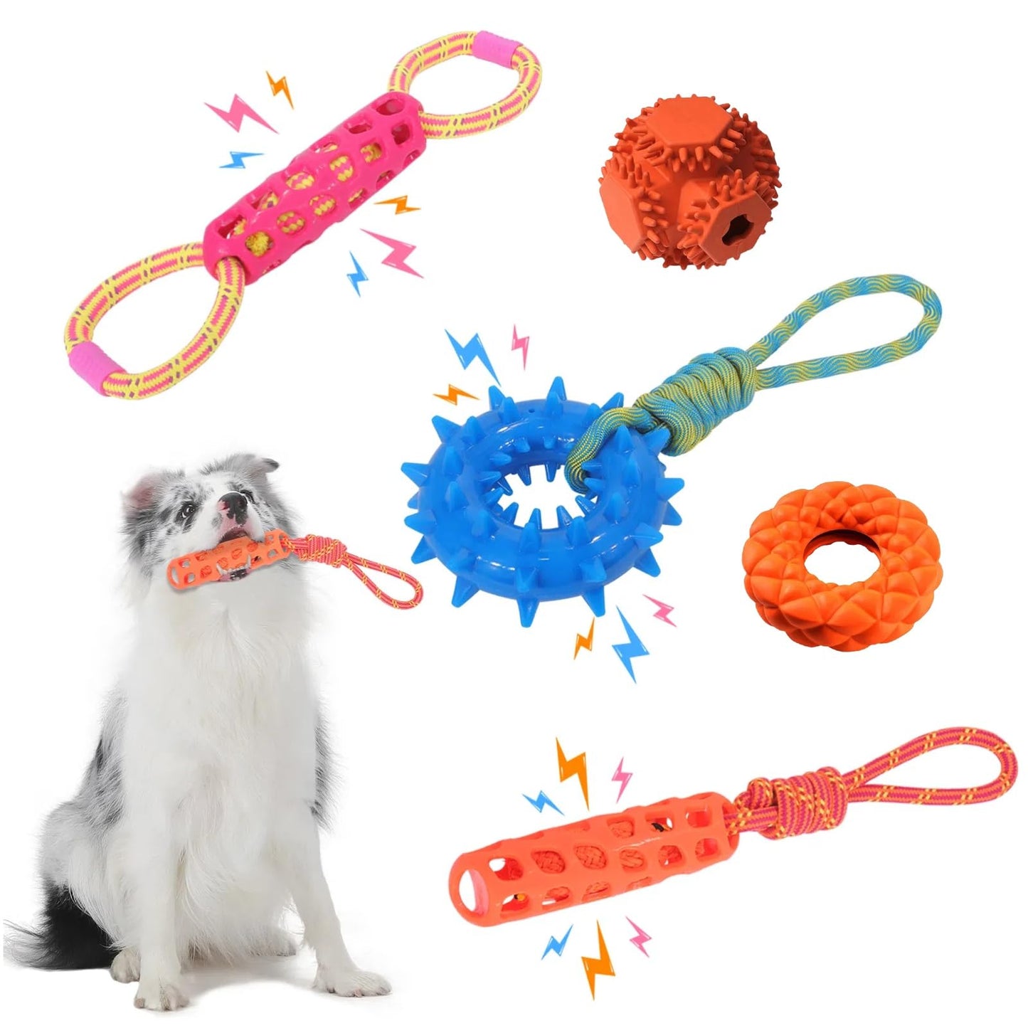 MoeSoce 5 Pack Squeaky Dog Rope Toy & Treat-Dispensing Toys for Medium Large Dogs, Interactive Tug of War Dog Toys for Slow Feeder/Training/Playing