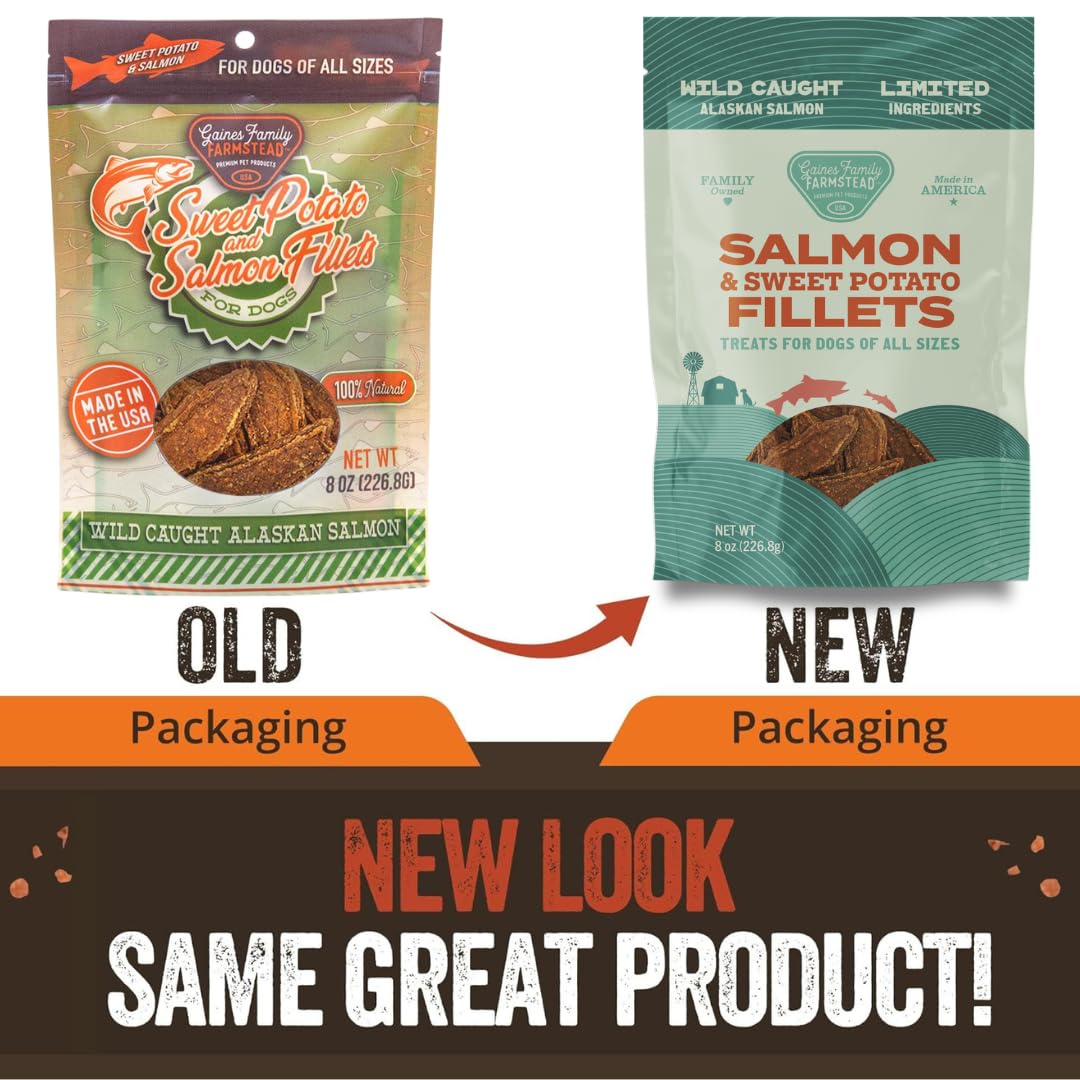 Gaines Family Farmstead Salmon & Sweet Potato Fillets for Dogs - 8 oz Pouch, All-Natural Dog Treats – Wild Caught Alaskan Salmon, Soft Chew, Limited Ingredients, Made in USA