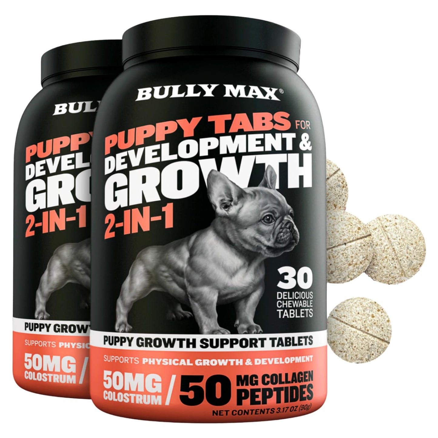 Bully Max 2-in-1 Puppy Vitamins - 30 Chewable Tablets for Growth & Development of Puppies - Multivitamin Treats & Essential Dog Supplements for Small Dogs & Large Breed Growing Pups - 2 Bottles