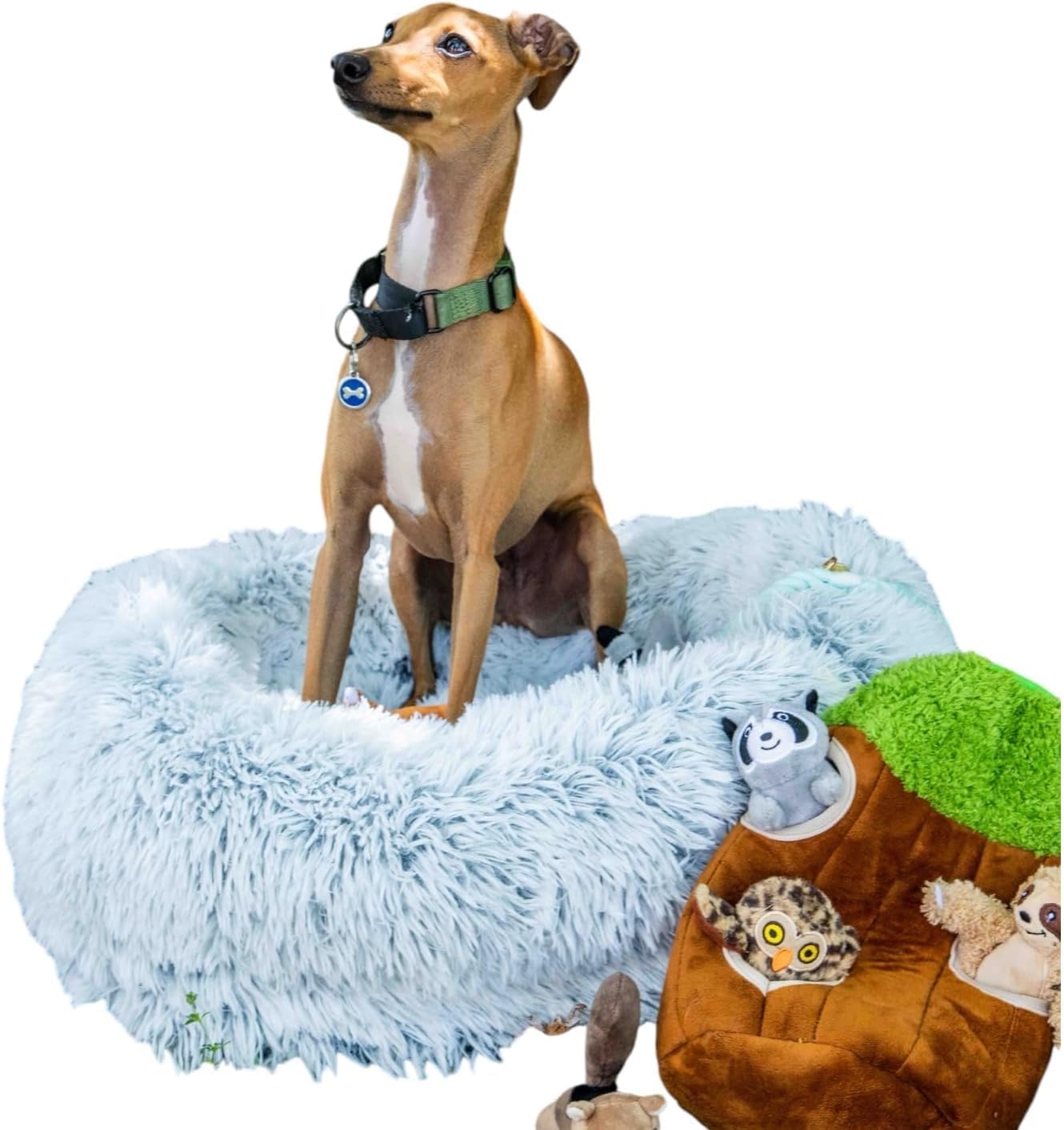 Glow Pups Calming Dog Bed, Egg Crate Dog Bed with Memory Foam Bolster, Luxurious Faux Fur Cozy Oval Design, Machine Washable Removable Cover, Non-Slip Base, Light Grey (23.6" x 19.6" x 7")