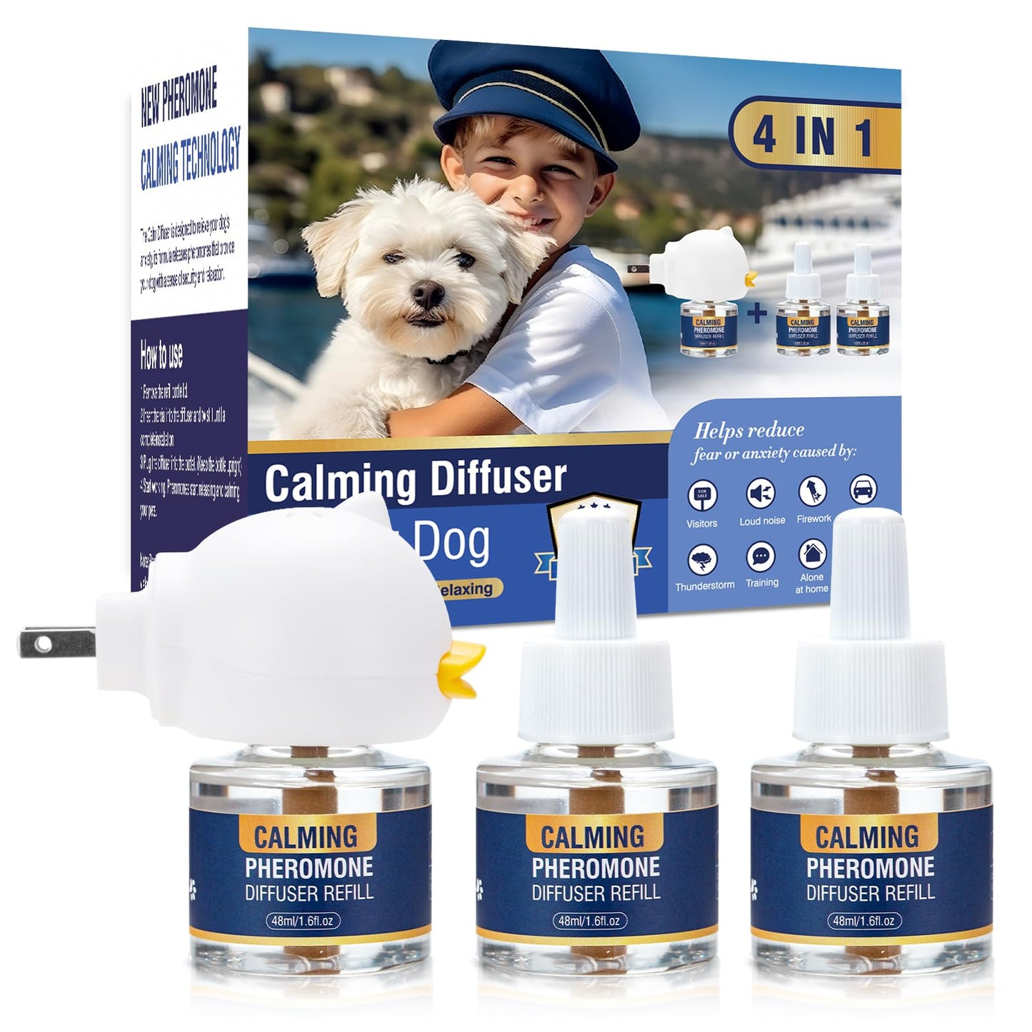 LKBHGF Dog Pheromone Calming Diffuser 4 in 1 Appeasing Pet Pheromones Diffuser to Calm Kit (Plug in+ 3 Pack 48ml Refill) for Anxiety Relief Reduce Barking Aggression Fighting Stress 90 Day Supply
