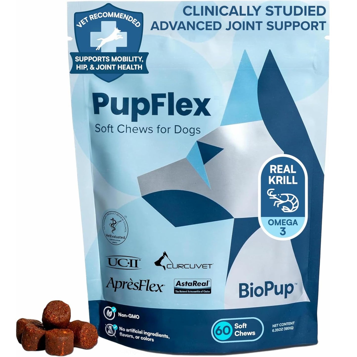 PupFlex+ Hip and Joint Supplement Dogs, Vet Created Soft Chews with UC-II® Collagen for Dogs, CurcuVET® & Omega 3, Proven More Effective Than Glucosamine Chondroitin, Dog Joint Supplement (60 ct)