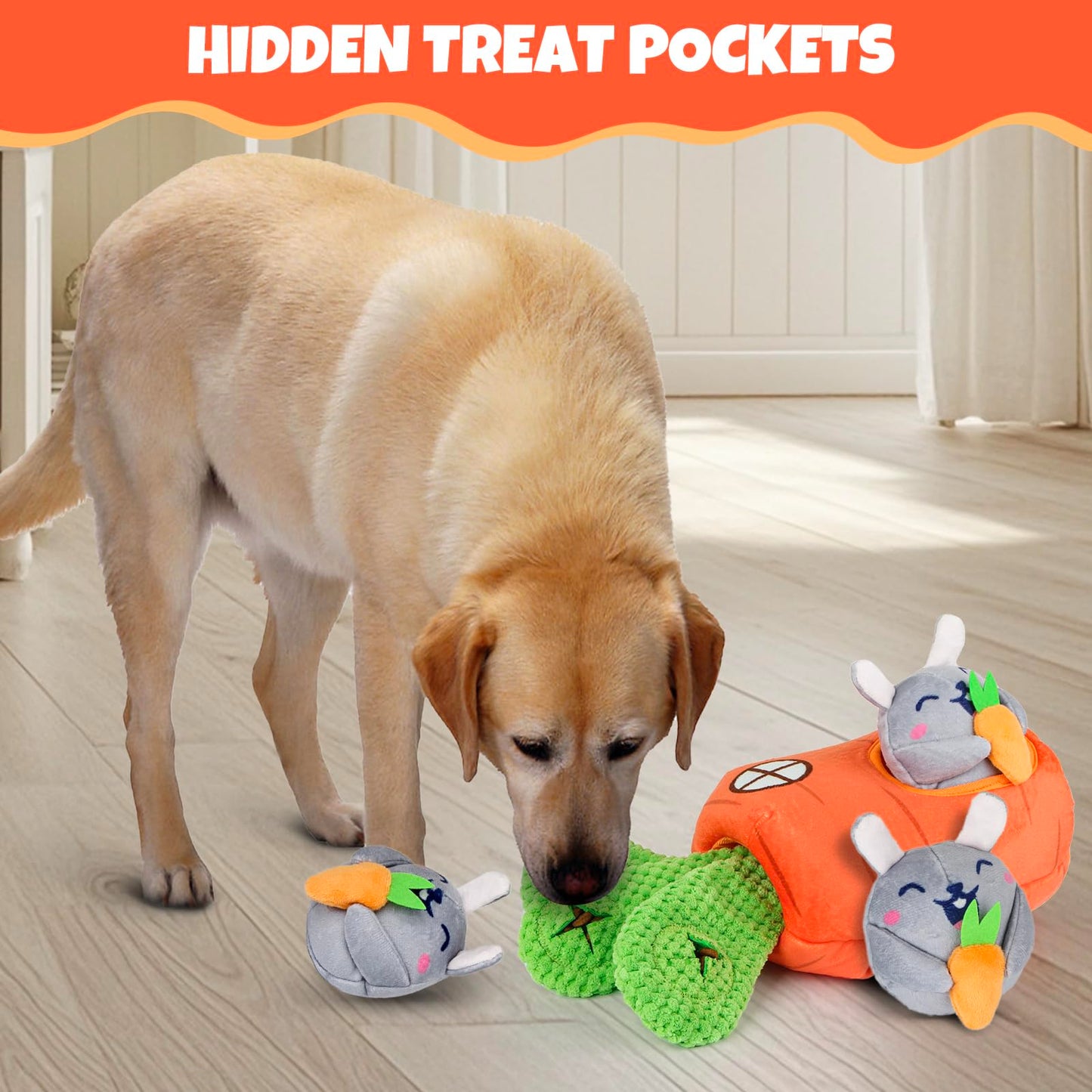 Hide and Seek Squeaky Dog Plush Toy Carrot and Bunny Set, 4 Pack Dog Puzzle Toys for Training and Cleaning, Interactive Tough Dog Toy for Small Medium Dogs