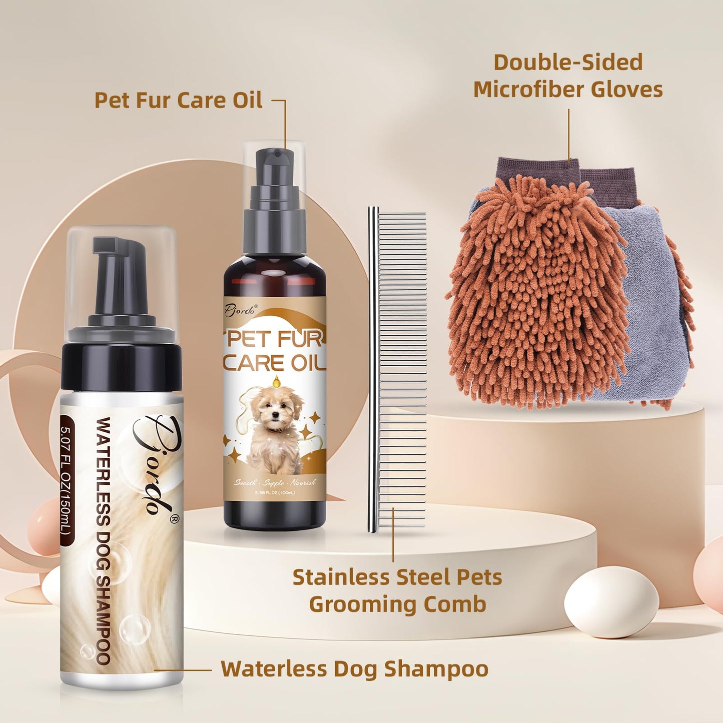 Pjordo Waterless Dog Shampoo No Rinse Foam, Dog Dry Shampoo, with Pet Fur Care Oil, Pet Sensitive Glove & Stainless Steel Pets Grooming Comb, Clean Quickly, Soothe & Moisturize
