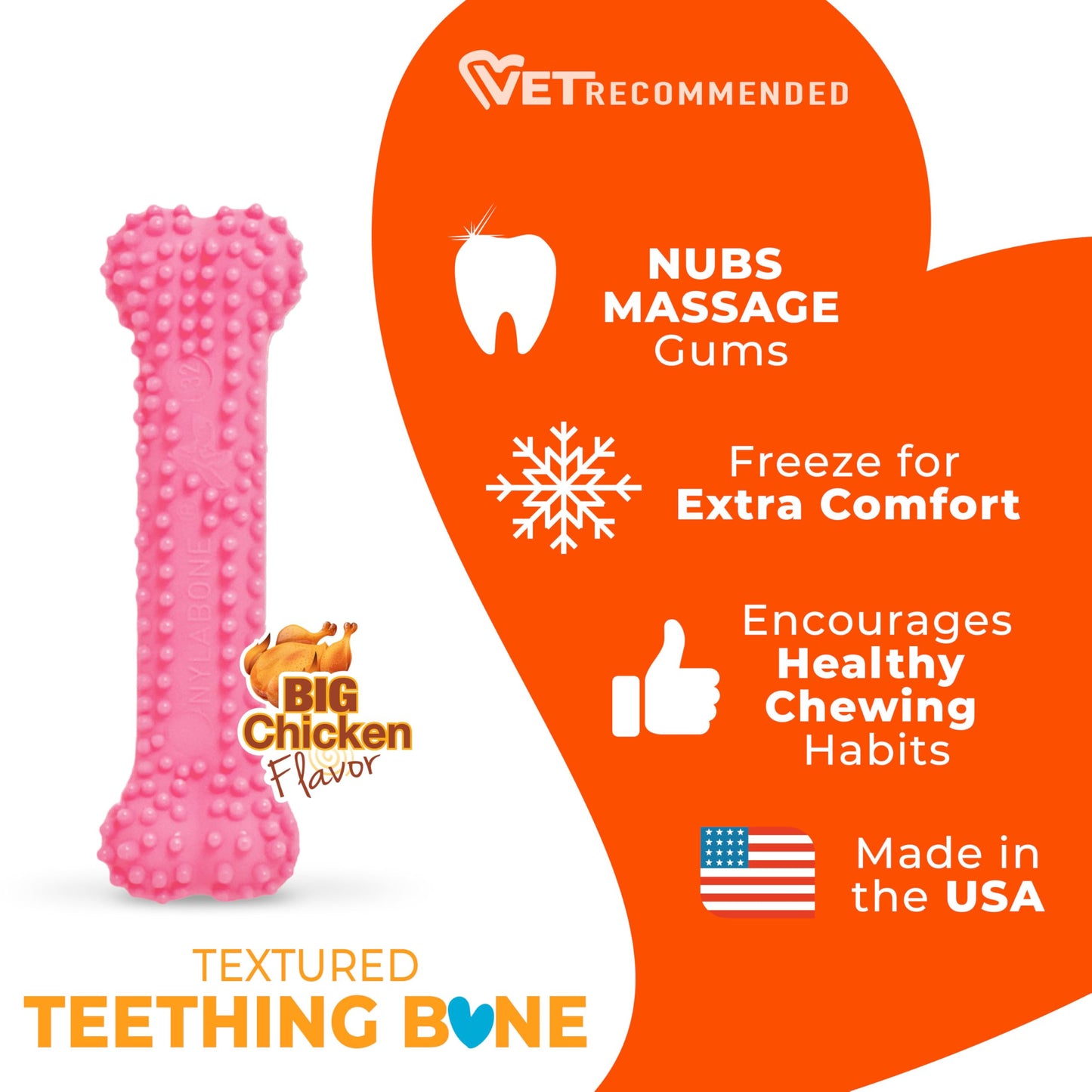 Nylabone Textured Teething Bone Puppy Chew Toy, Soothing Puppy Teething Bone, Enrichment Toy for Puppies, Pink, Chicken Flavor, X-Small Dogs - Up to 15 Ibs, 1 Count