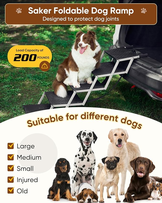 Saker Foldable Dog Ramp for Cars, SUVs, Trucks, Portable Pet Dog Stairs for Large Dogs with Non-Slip Surface & Reinforced Design, Lightweight Yet Sturdy Supports Up to 200lbs