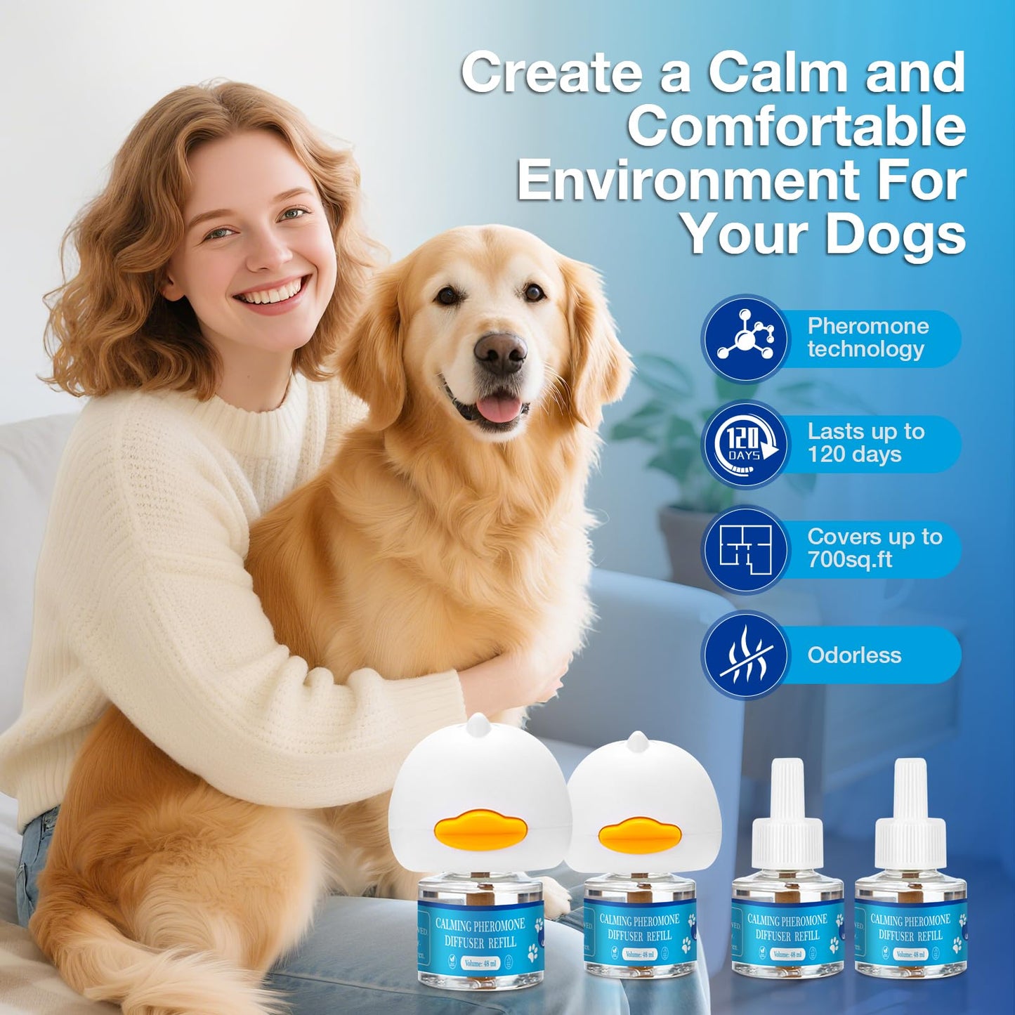 Dog Calming Pheromones Diffuser 6 in 1 Kit Appeasing Pheromone Diffuser to Calm (2 Plug in+4 Pack 48ml Refill) for Anxiety Relief Reduce Aggression Fighting Barking Stress 120 Day Supply(Tasteless)