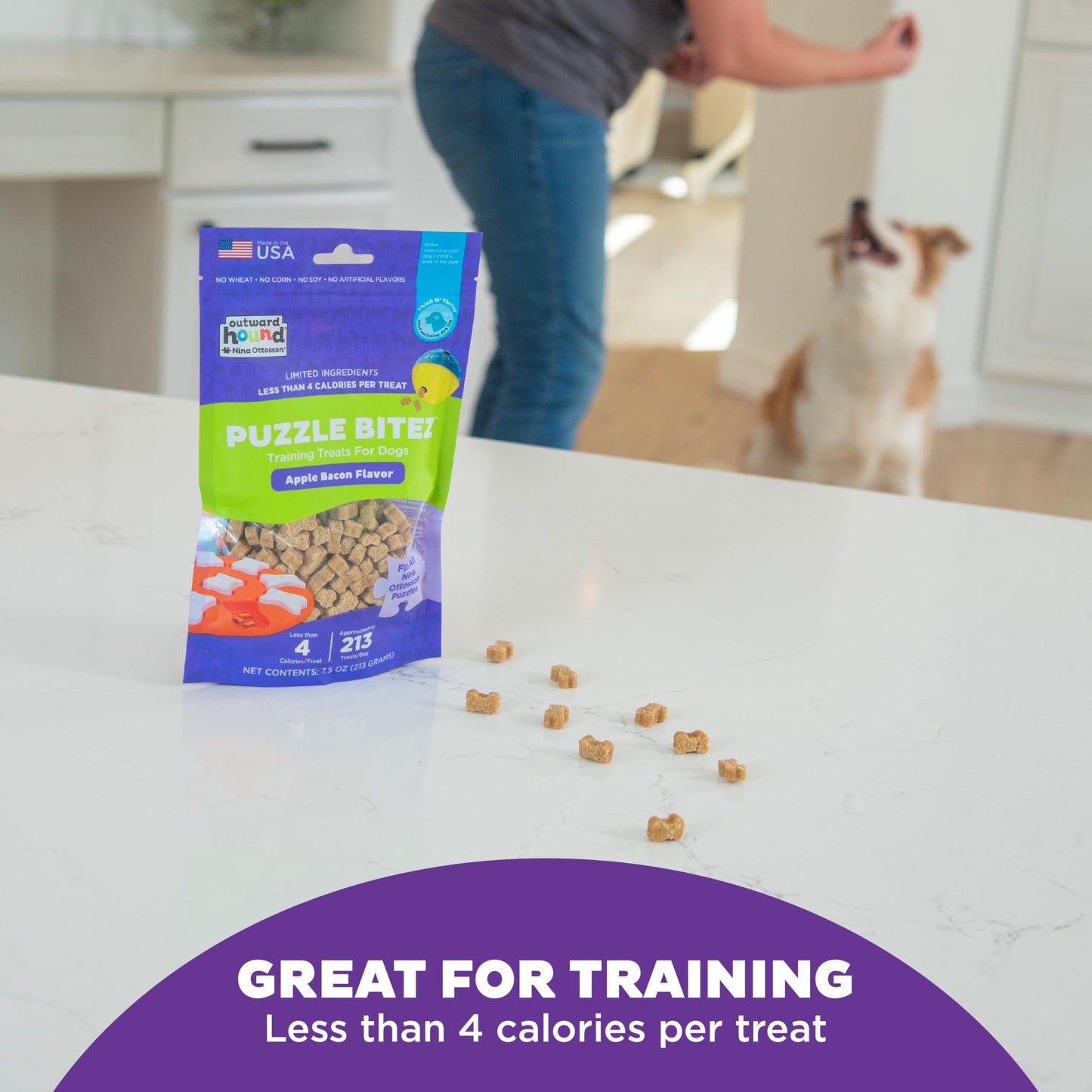 Outward Hound by Nina Ottosson Puzzle Bitez USA Made Dog Treats, Apple Bacon Flavor, Bite-Sized Training Reward and Interactive Puzzle Toy Treats, 7.5oz